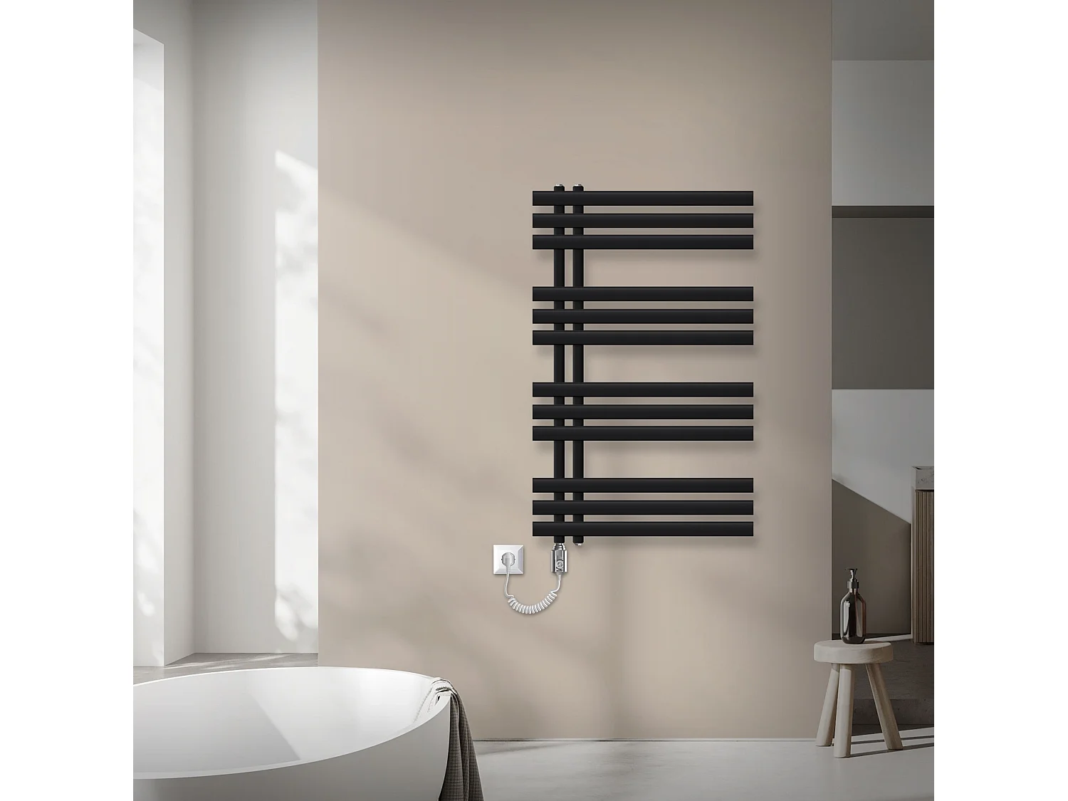Radiateur sèche-serviettes de salle de bain noir 60x100 cm avec résistance 600W