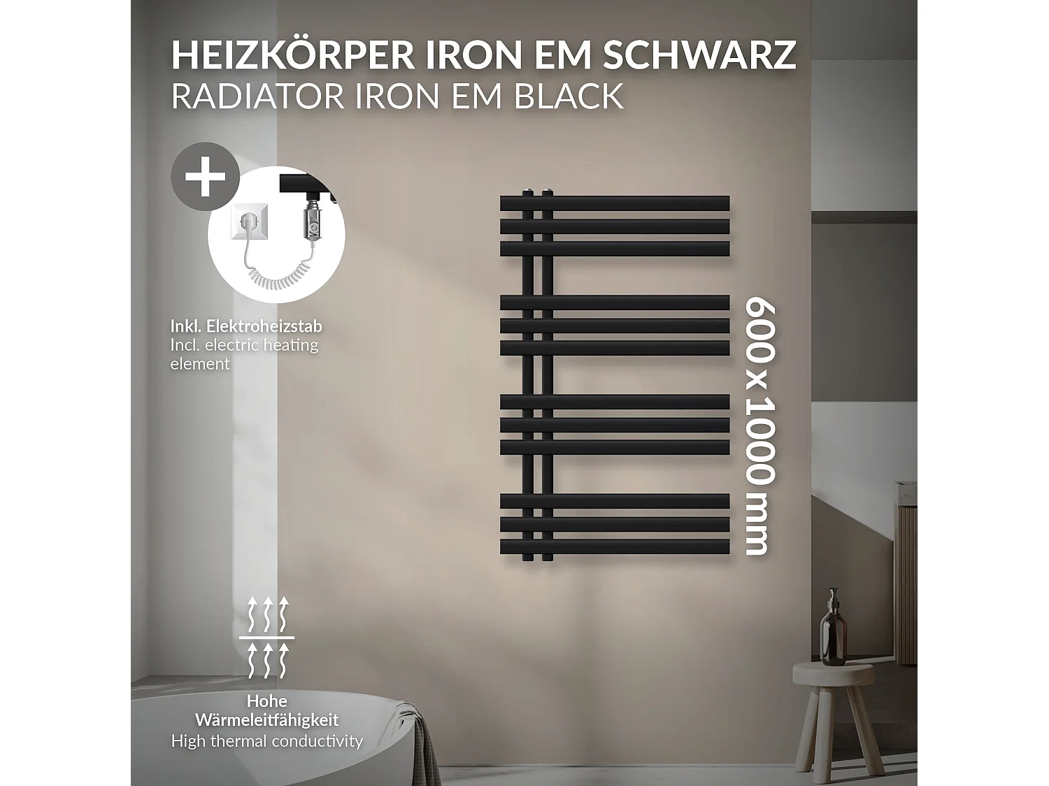 Radiateur sèche-serviettes de salle de bain noir 60x100 cm avec résistance 600W