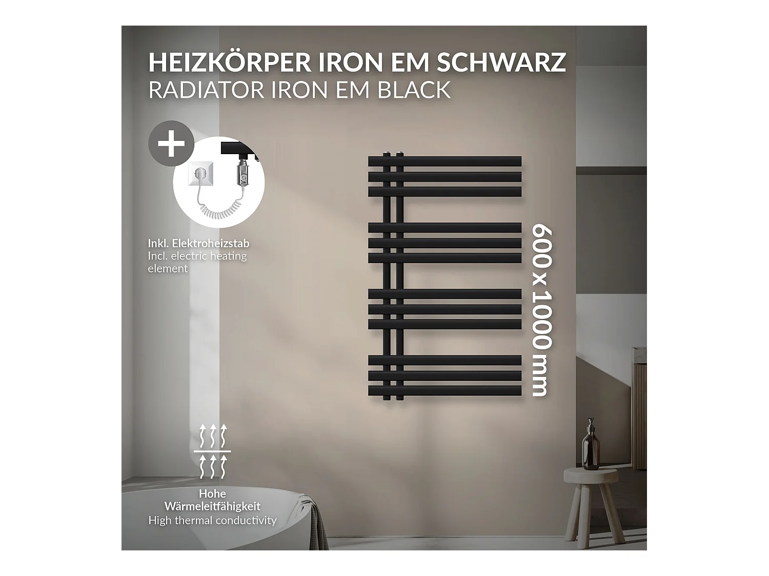 Radiateur sèche-serviettes de salle de bain noir 60x100 cm avec résistance 600W
