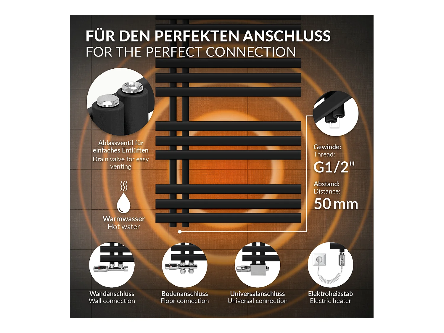 Radiateur sèche-serviettes de salle de bain noir 60x100 cm avec résistance 600W