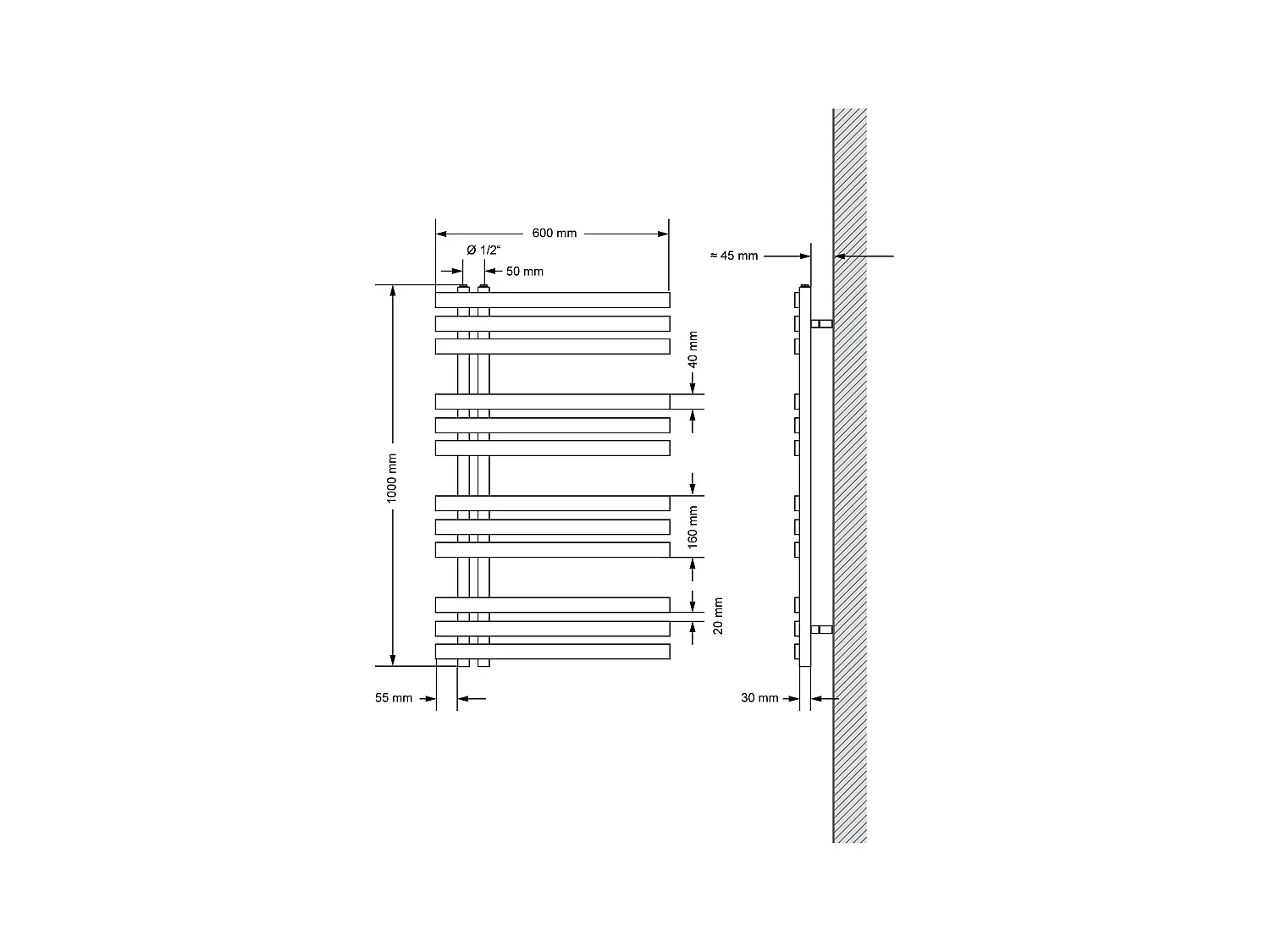 Radiateur sèche-serviettes de salle de bain noir 60x100 cm avec résistance 600W