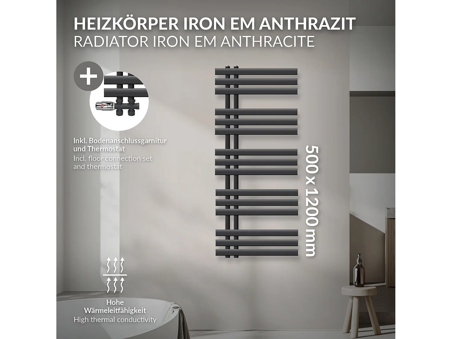 Radiatore Iron EM calorifero termosifone antracite raccordo a pavimento 50x120cm