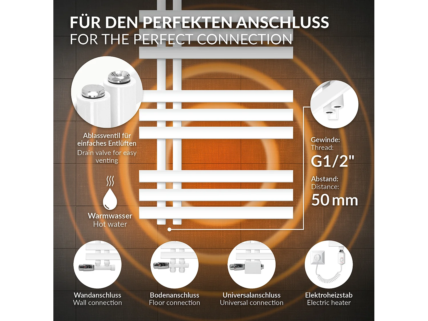 Radiador toallero eléctrico blanco 500 x 1000 mm con elemento calefactor 300W