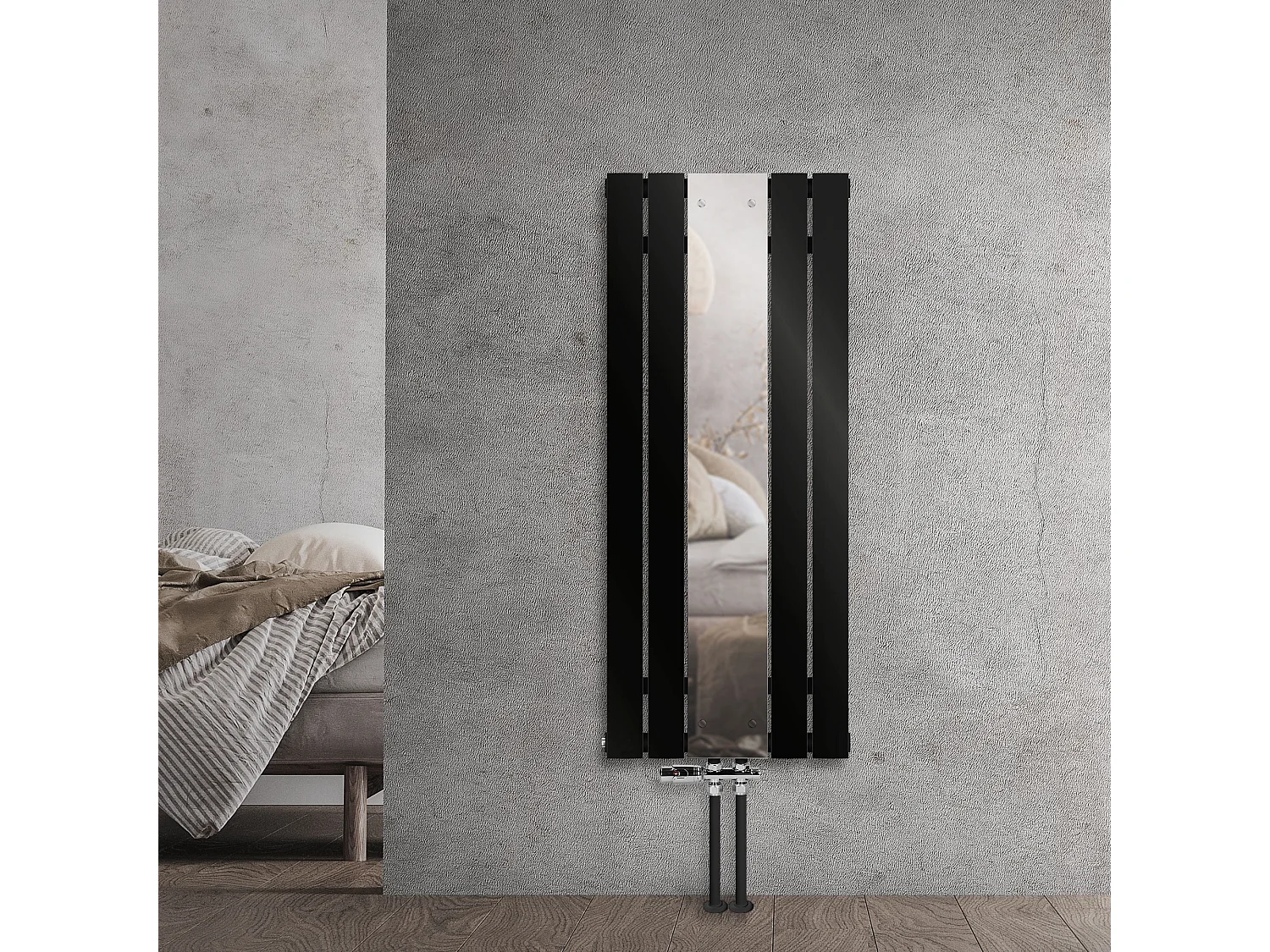 Radiateur plat vertical noir 450x1200 mm avec miroir et kit raccordement au sol