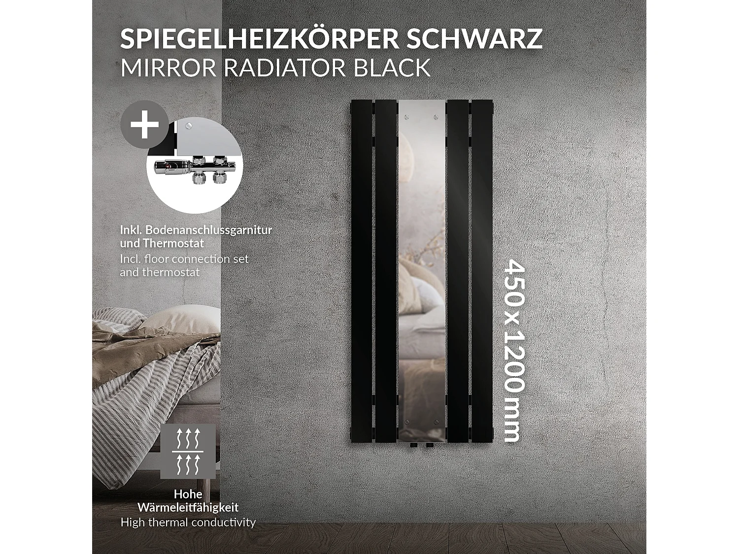 Radiateur plat vertical noir 450x1200 mm avec miroir et kit raccordement au sol