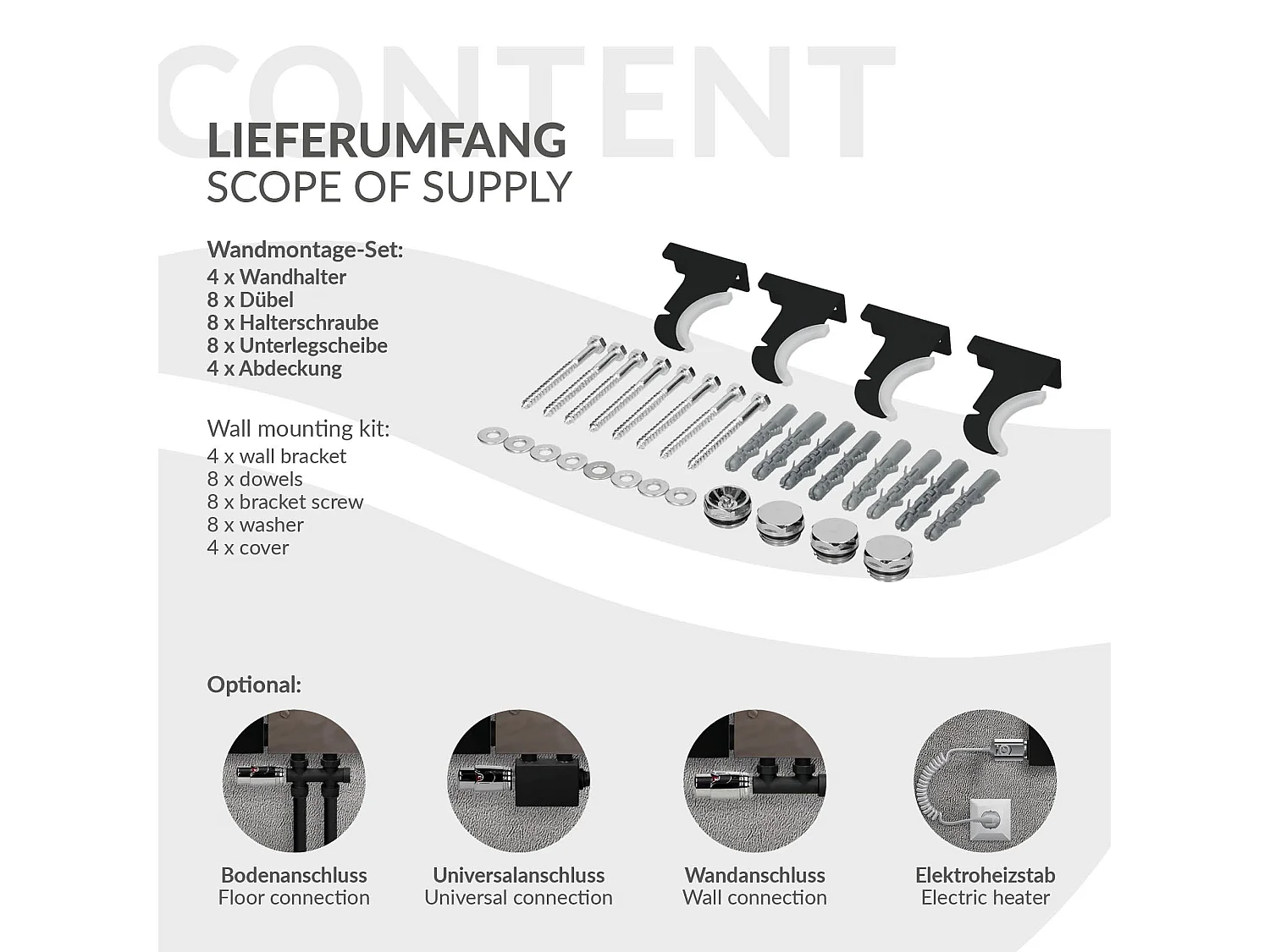 Radiateur plat vertical noir 450x1200 mm avec miroir et kit raccordement au sol