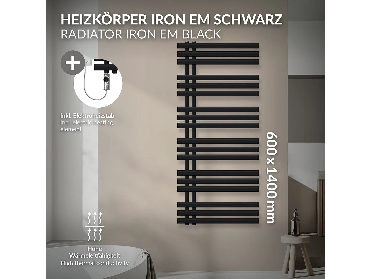 Radiateur de salle de bain acier noir mat 60x140 cm avec élément chauffant 900W