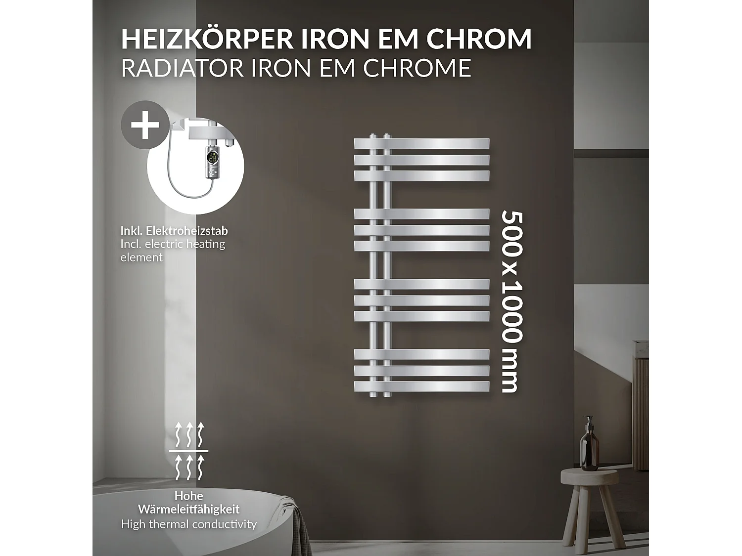 Iron EM radiateur sèche-serviettes chrome 50x100cm élément chauffant 600W