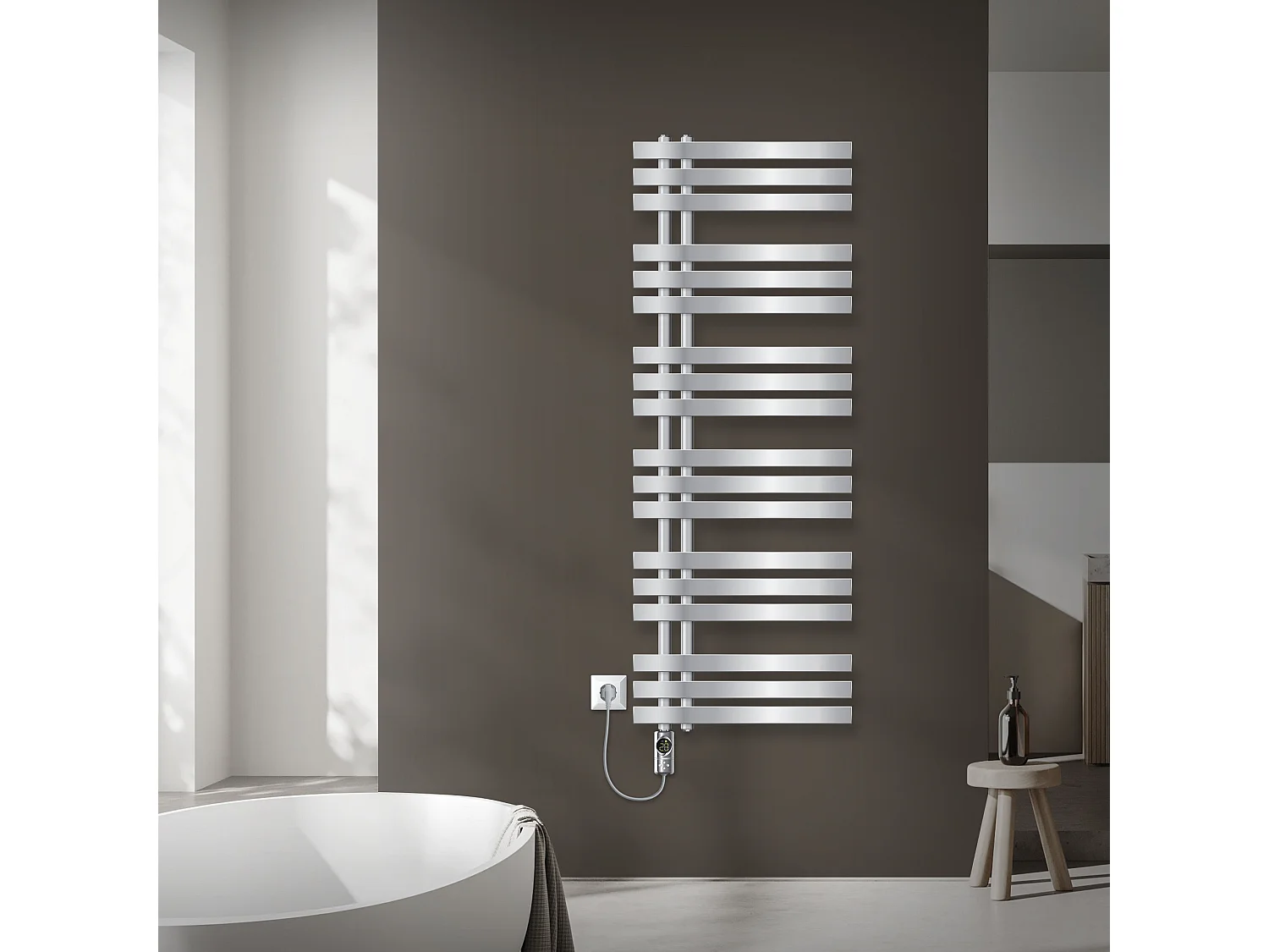 Radiador toallero eléctrico cromado 500 x 1400 mm con elemento calefactor 1200W