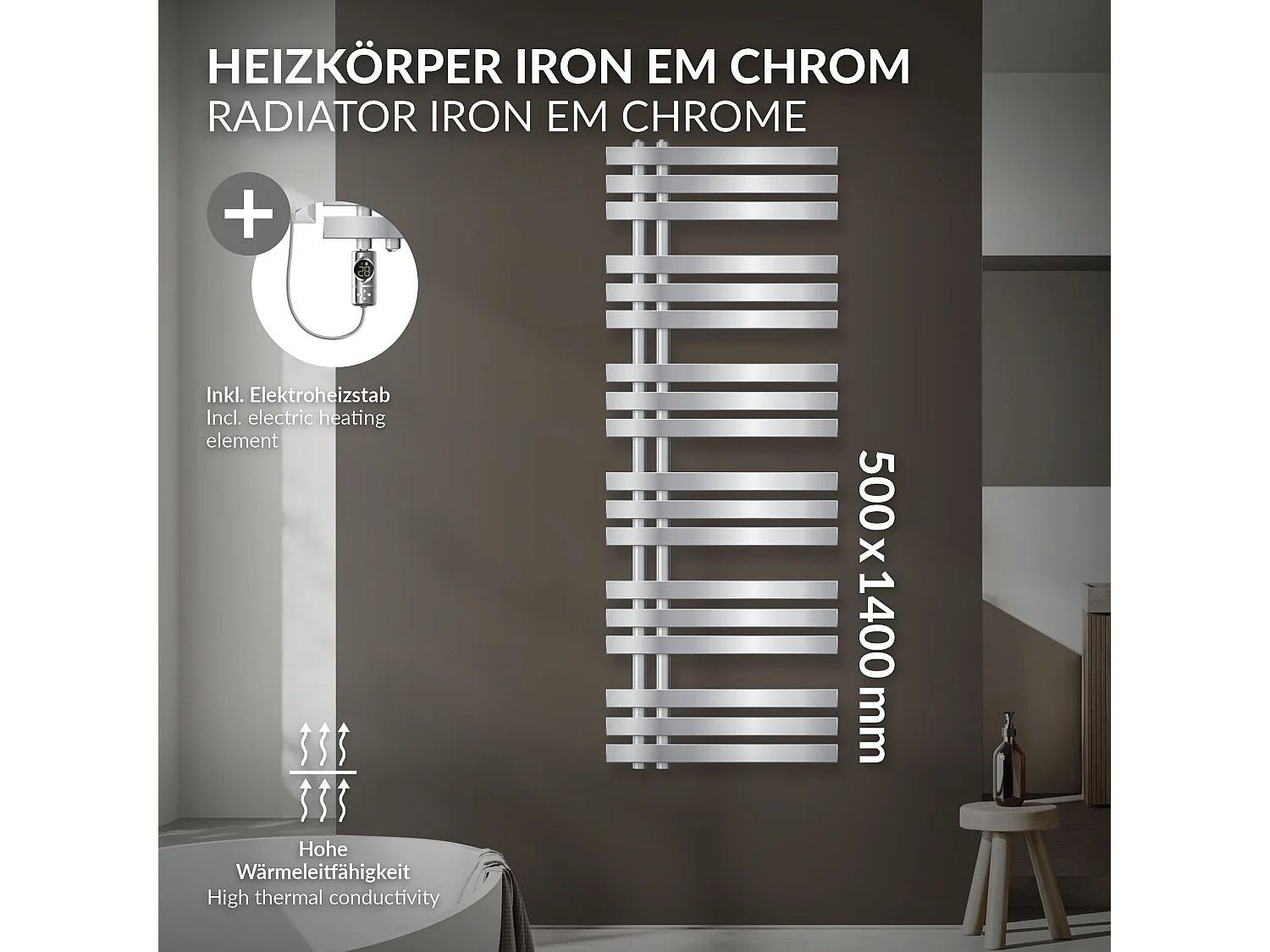 Radiador toallero eléctrico cromado 500 x 1400 mm con elemento calefactor 1200W