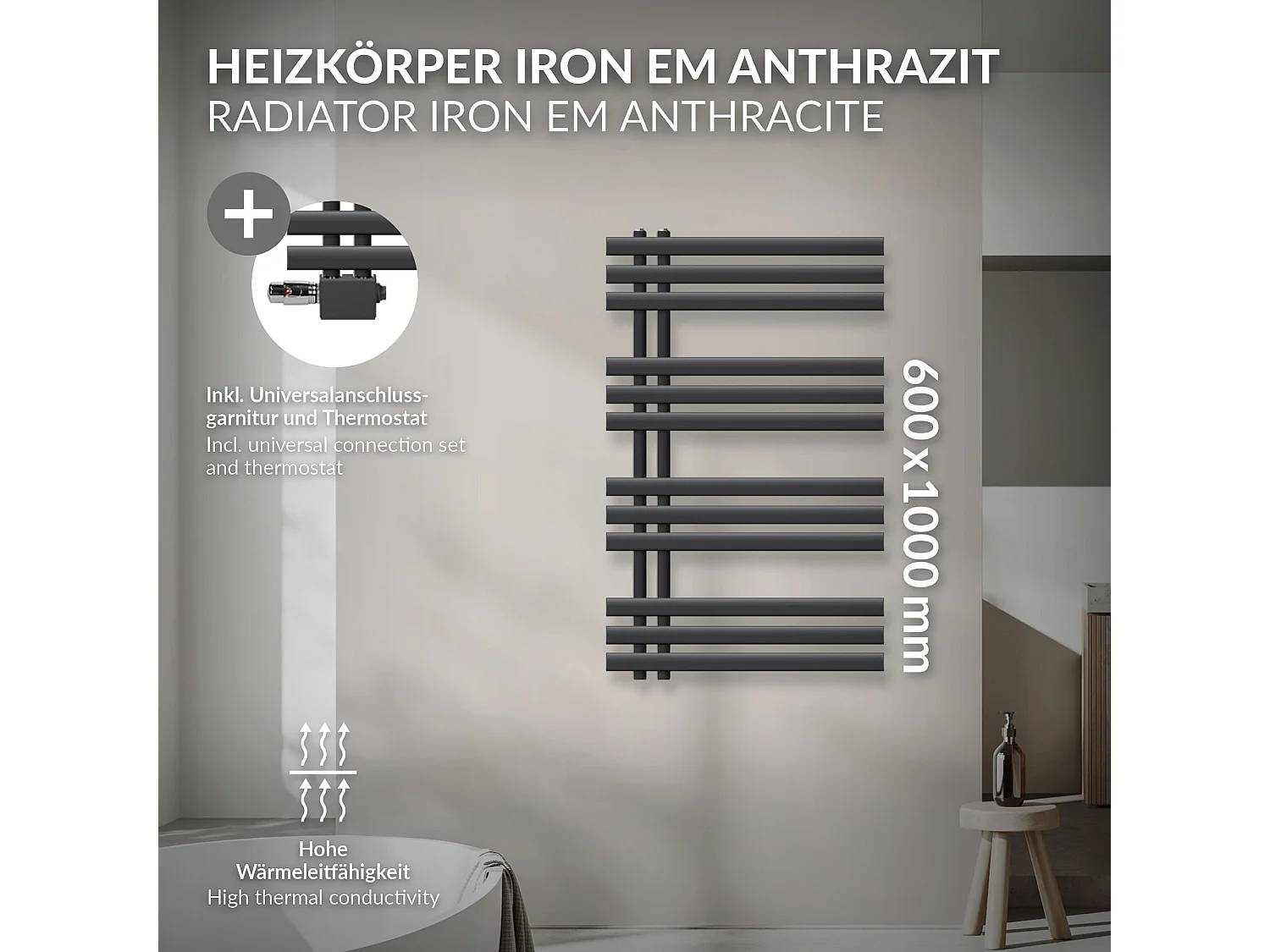 Radiateur sèche-serviettes anthracite raccordement universel 600 x 1000 mm