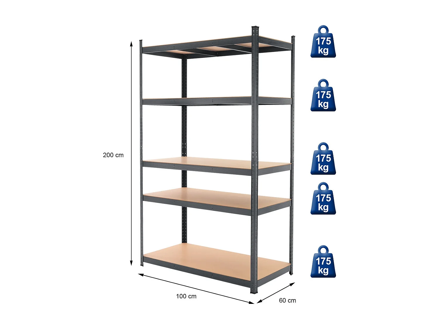 Estantería pesada 200 x 100 x 60 cm metal encajable con 5 estantes MDF 875 kg