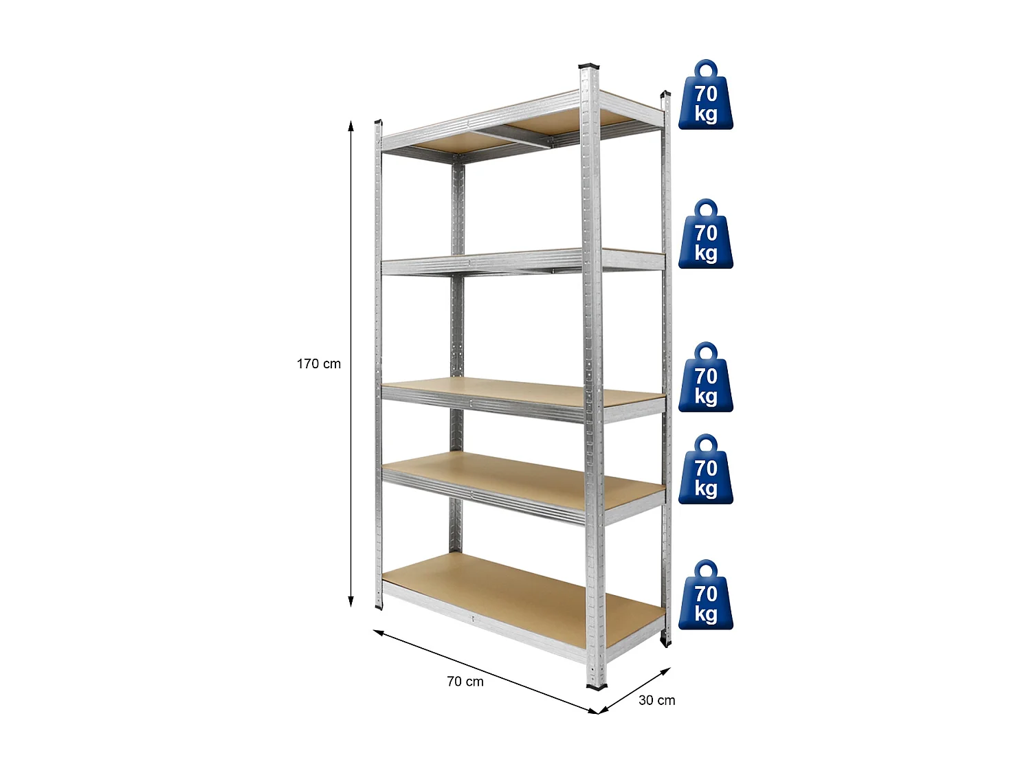 Scaffale metallo zincato officina scaffalature 170x70x30 cm mensola ripiano MDF