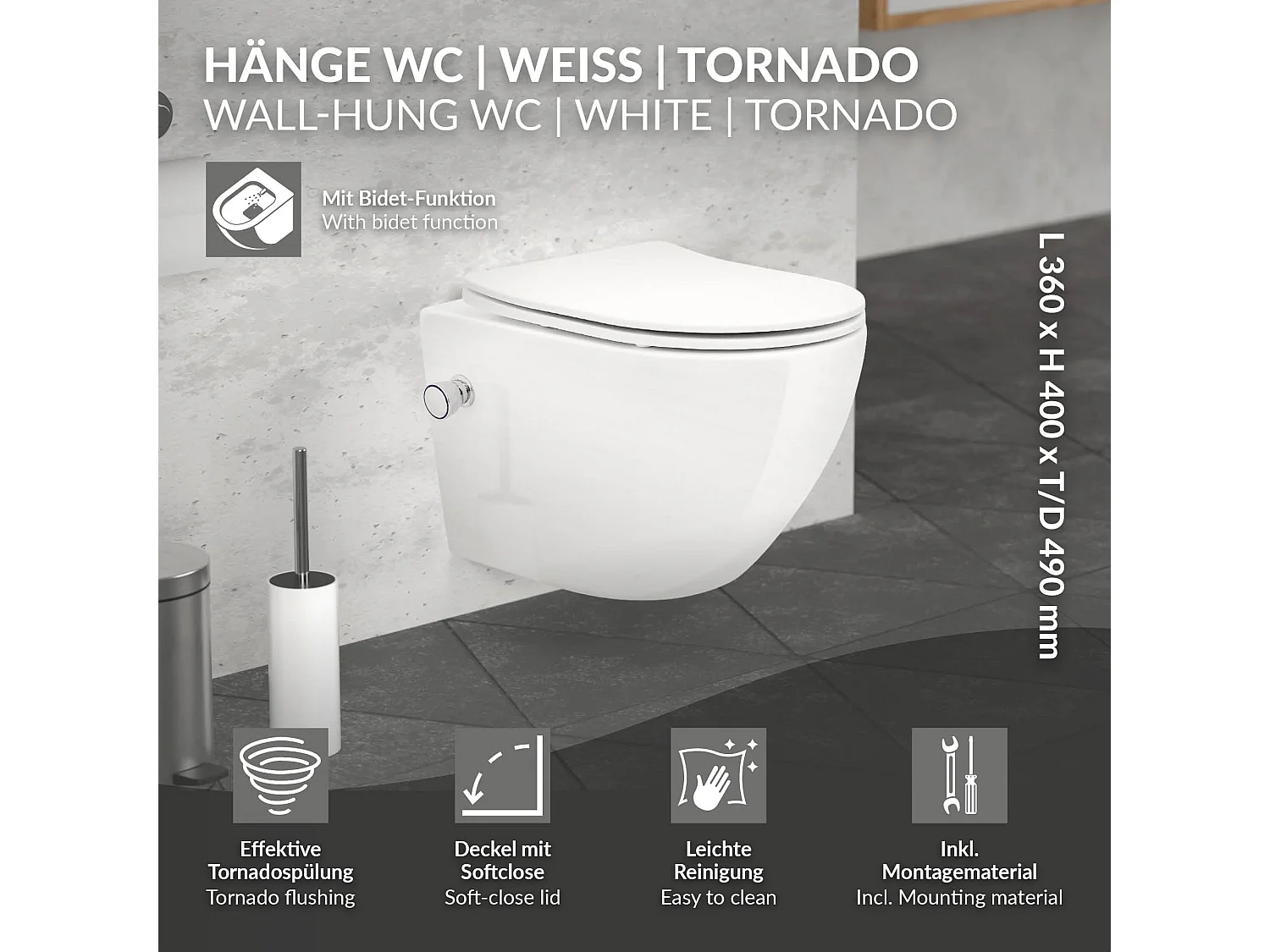 Toilette suspendu sans rebord blanc WC Soft Close fonction bidet salle de bain