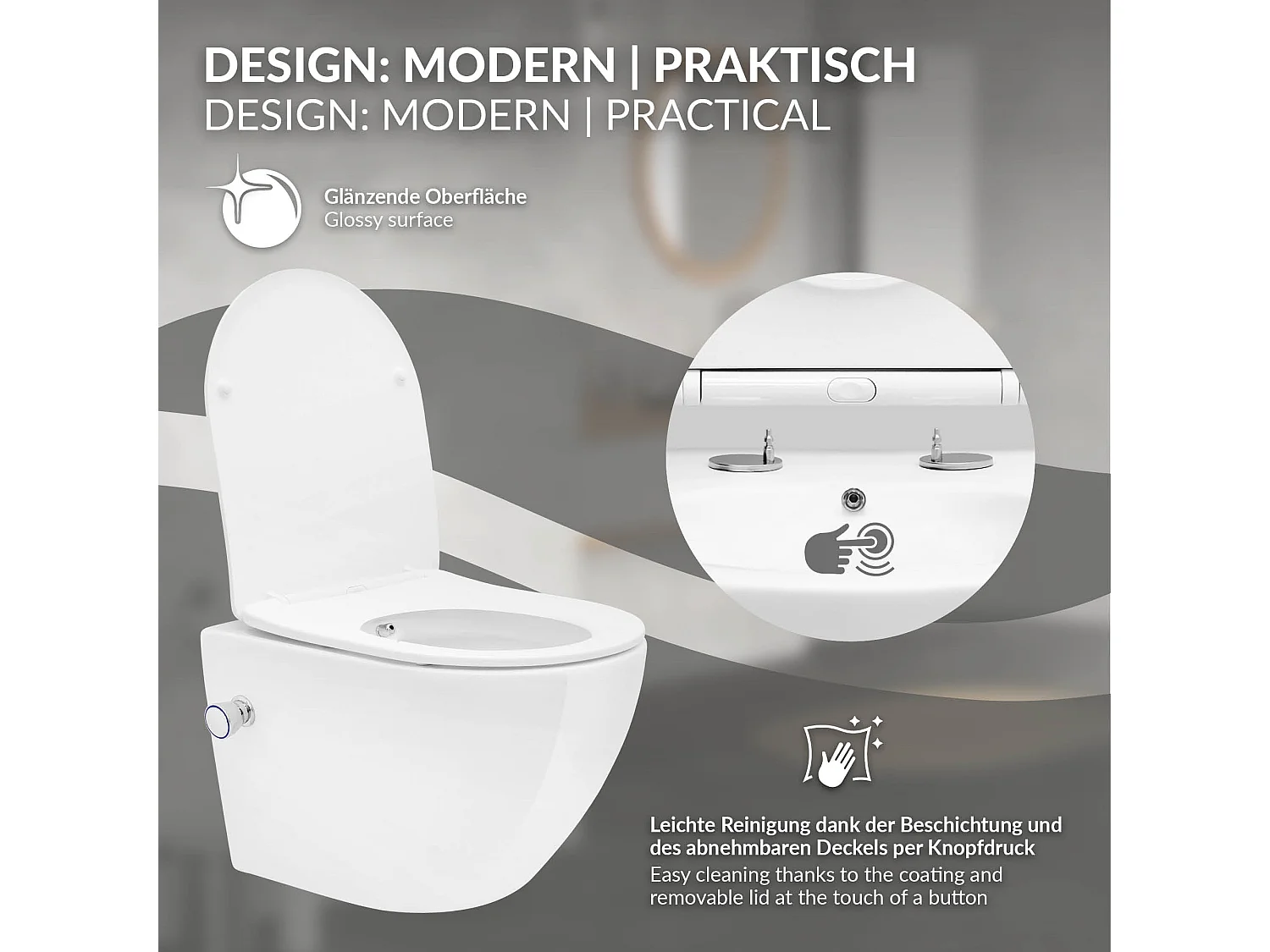 Toilette suspendu sans rebord blanc WC Soft Close fonction bidet salle de bain