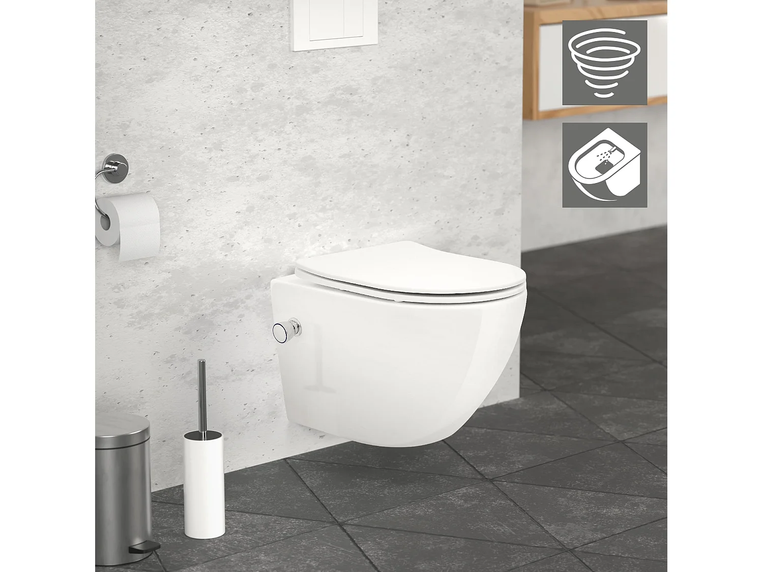 Toilette suspendu sans rebord blanc WC Soft Close fonction bidet salle de bain