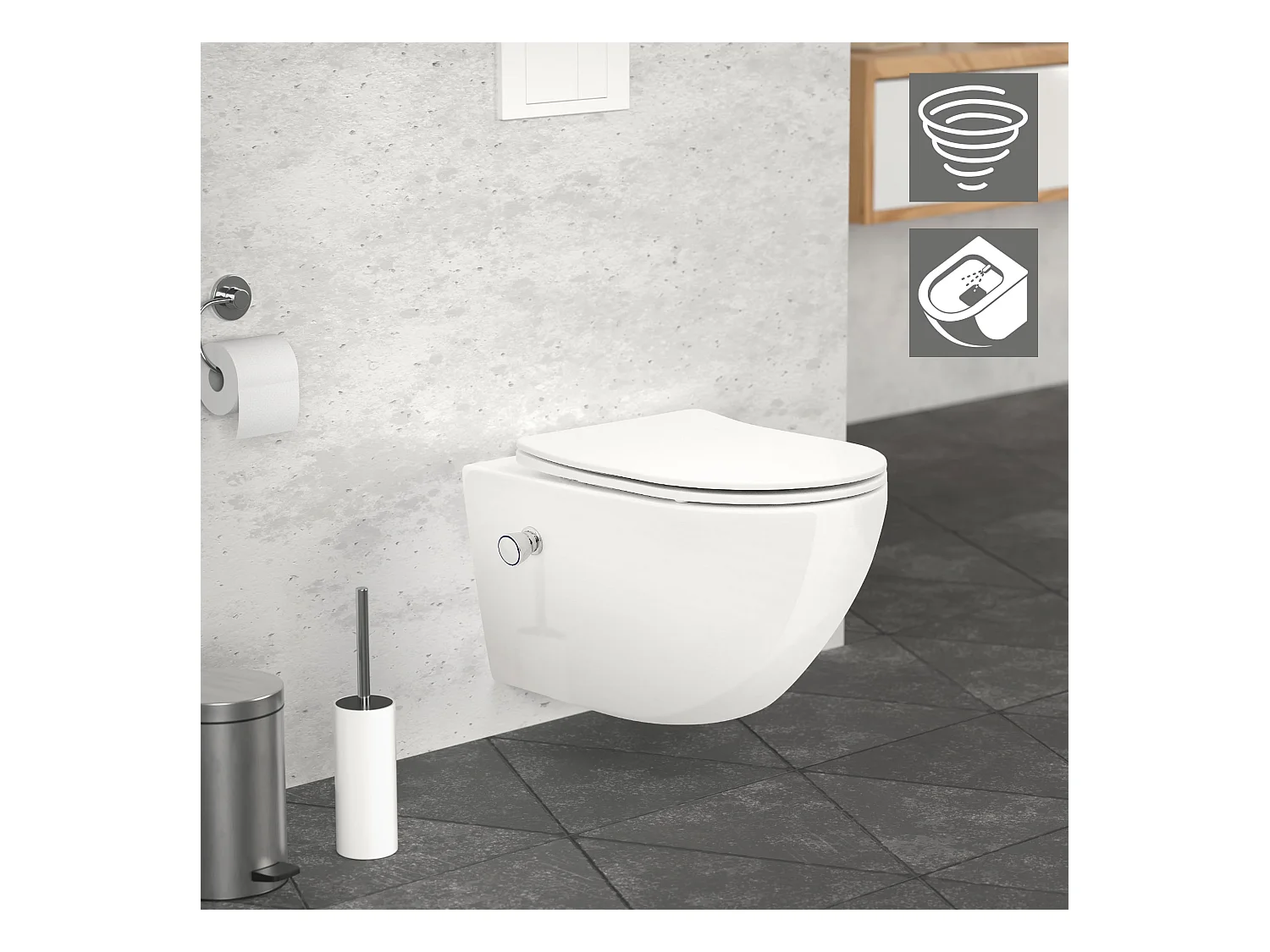 Toilette suspendu sans rebord blanc WC Soft Close fonction bidet salle de bain