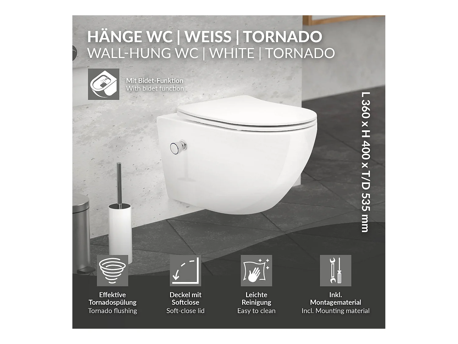 Toilette suspendu sans rebord blanc WC Soft Close fonction bidet salle de bain