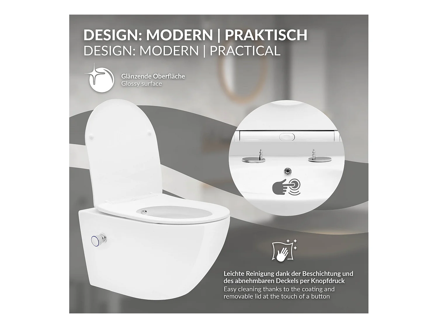 Toilette suspendu sans rebord blanc WC Soft Close fonction bidet salle de bain