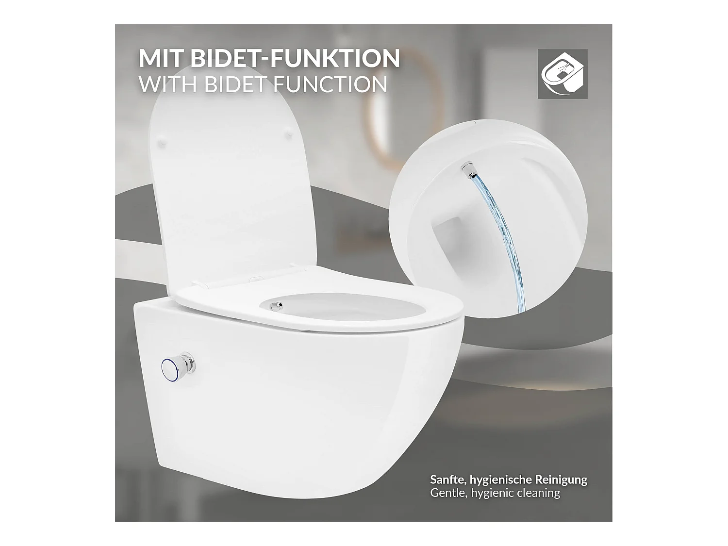 Toilette suspendu sans rebord blanc WC Soft Close fonction bidet salle de bain