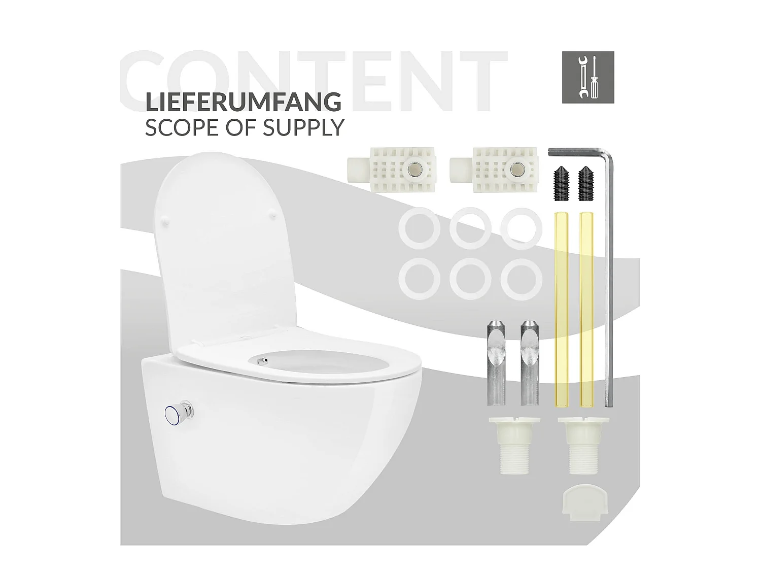Toilette suspendu sans rebord blanc WC Soft Close fonction bidet salle de bain