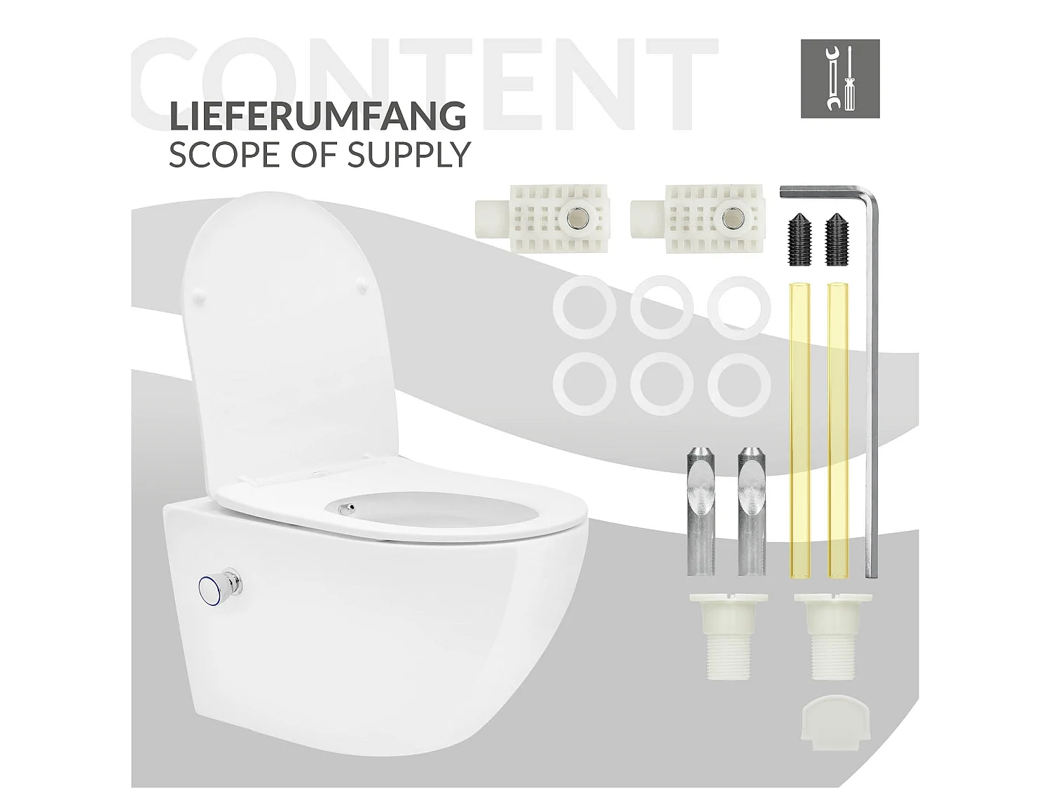 Toilette suspendu sans rebord blanc WC Soft Close fonction bidet salle de bain