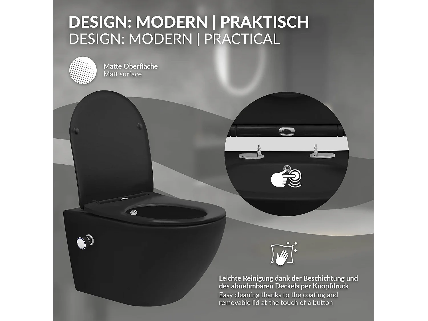 WC suspendu longue chasse d'eau tornado fonction bidet noir mat siège Softclose