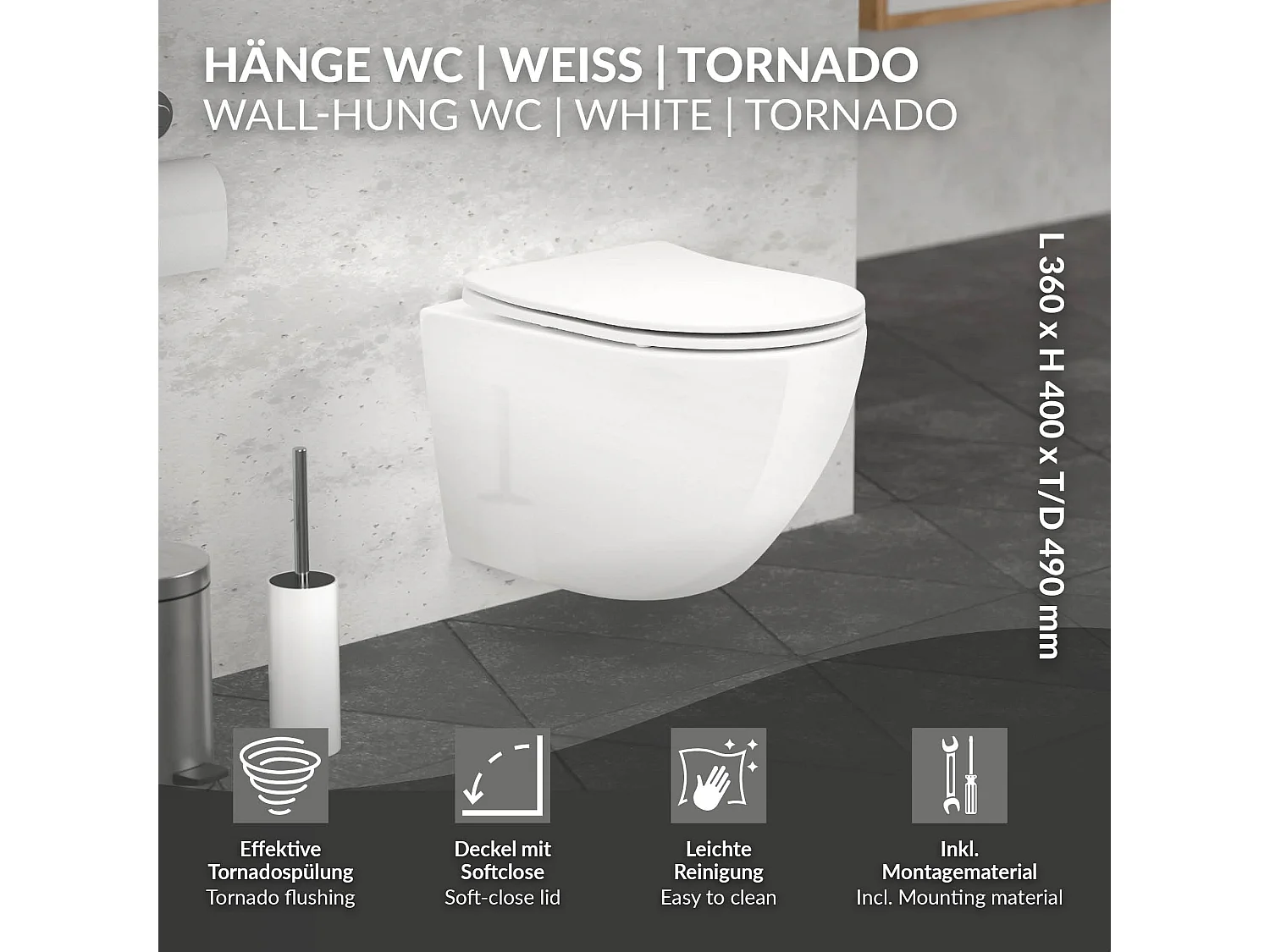 WC sospeso senza bordo in ceramica sciacquone tornado sedile softclose sanitari
