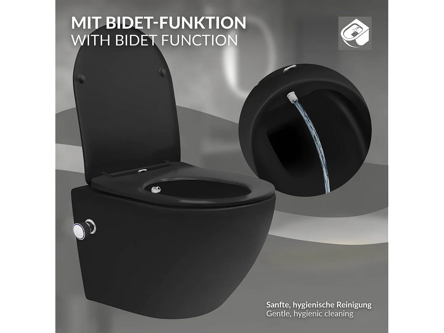 WC cerámico suspendido negro con función bidé y tornado corto 49 cm softclose