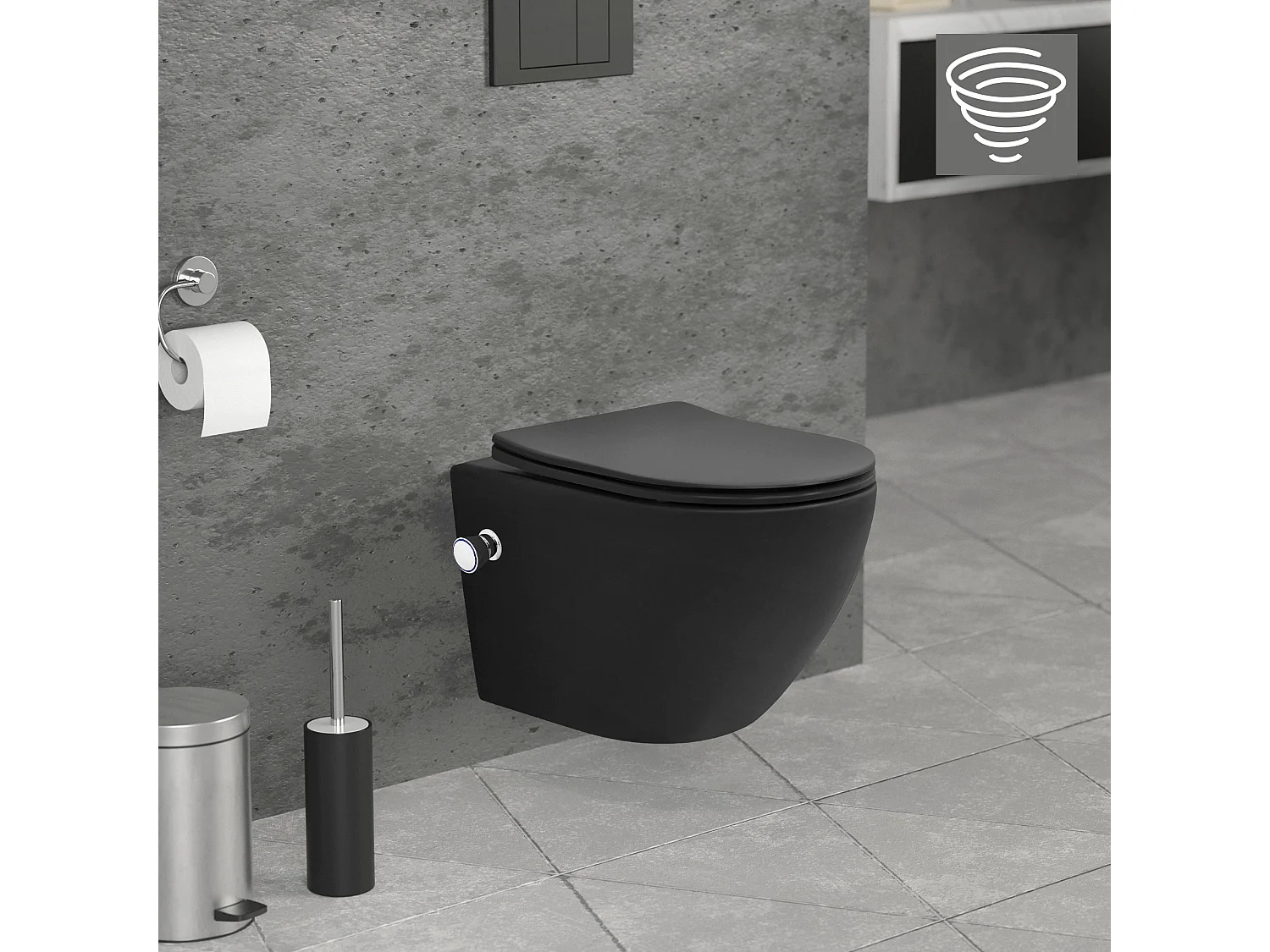 WC suspendu chasse d'eau tornado fonction bidet noir mat avec siège Softclose