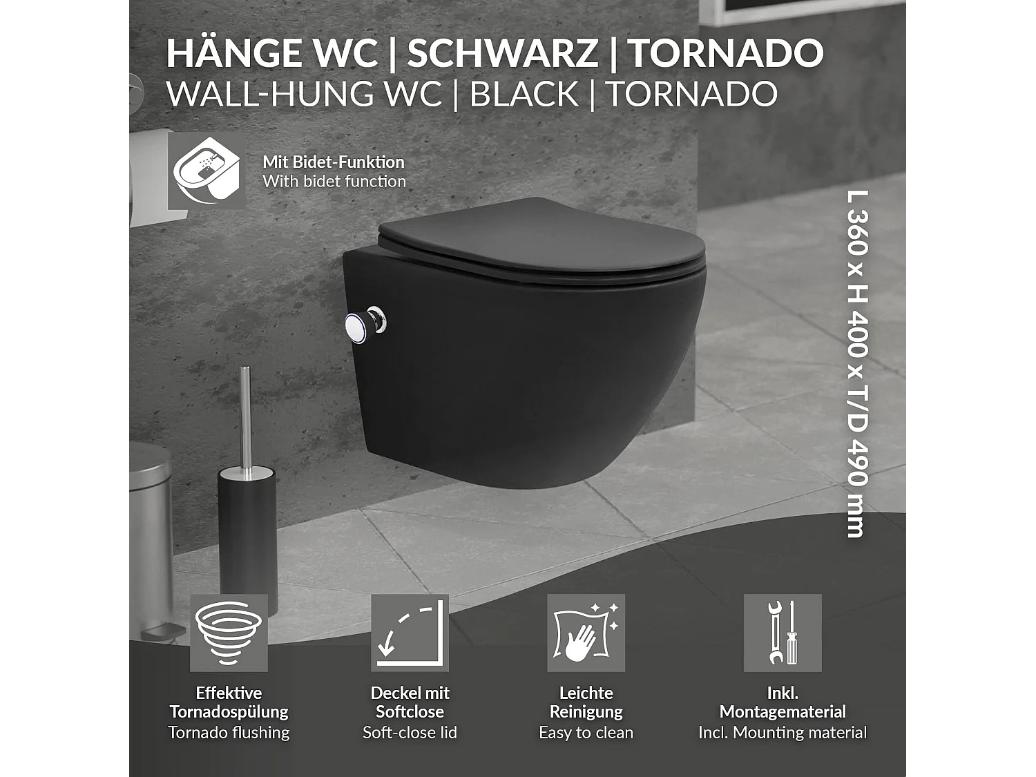 WC suspendu chasse d'eau tornado fonction bidet noir mat avec siège Softclose