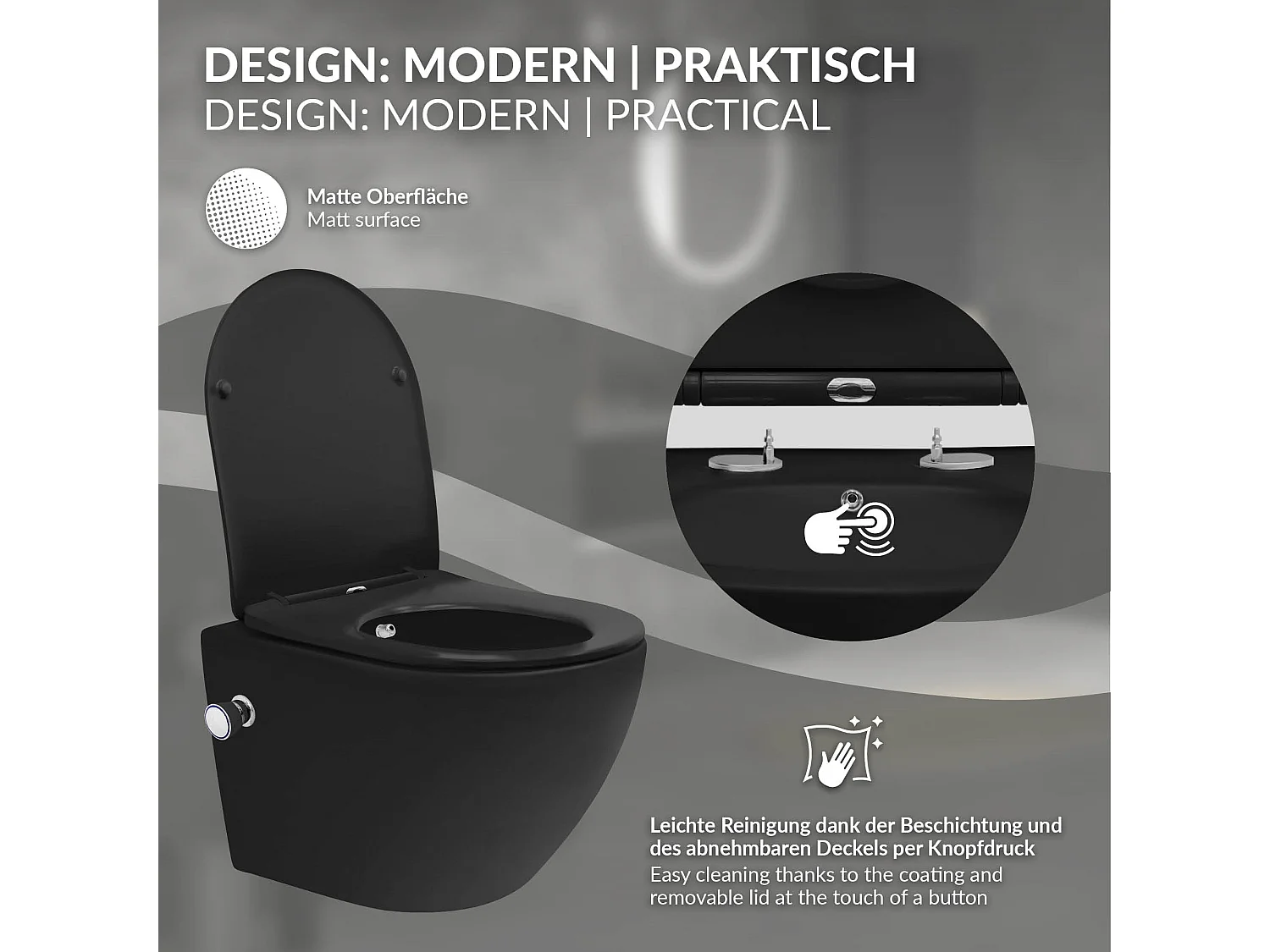 WC suspendu chasse d'eau tornado fonction bidet noir mat avec siège Softclose