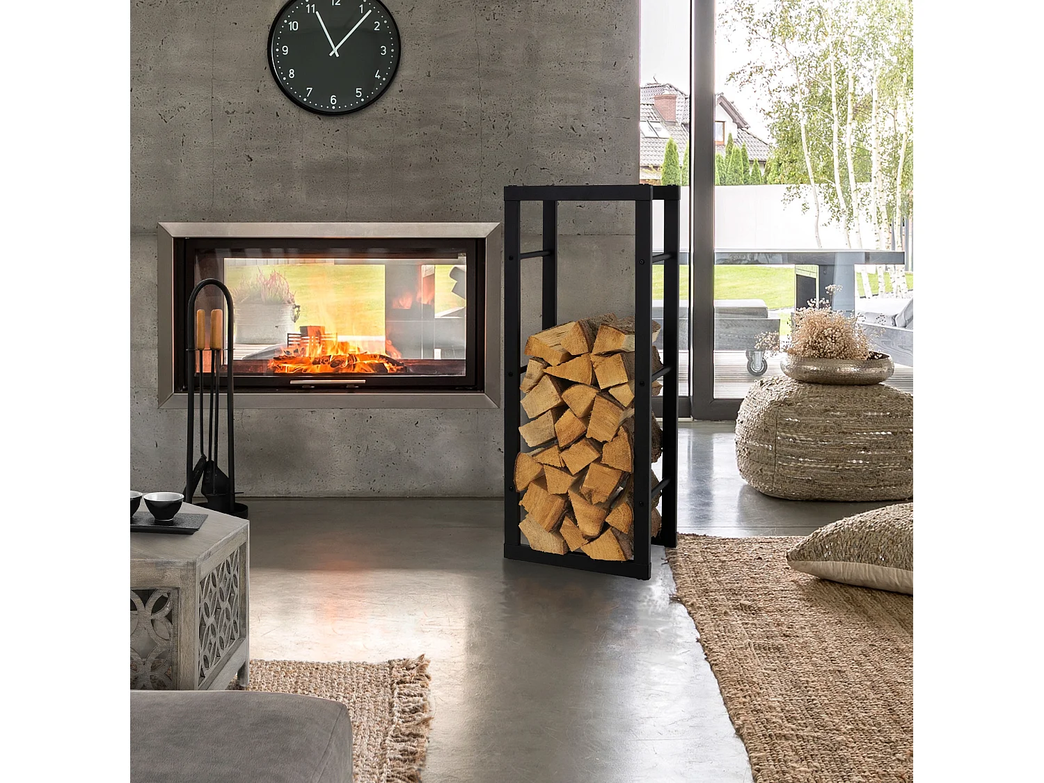 Étagère bois de chauffage 40x100x25 cm porte-bûches bois de cheminée acier noir