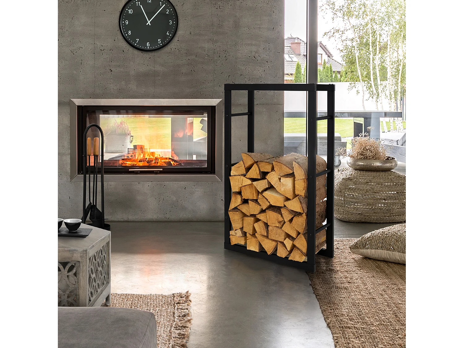 Estante para leña en acero leñero negro soporte chimenea estufa 60x100x25cm