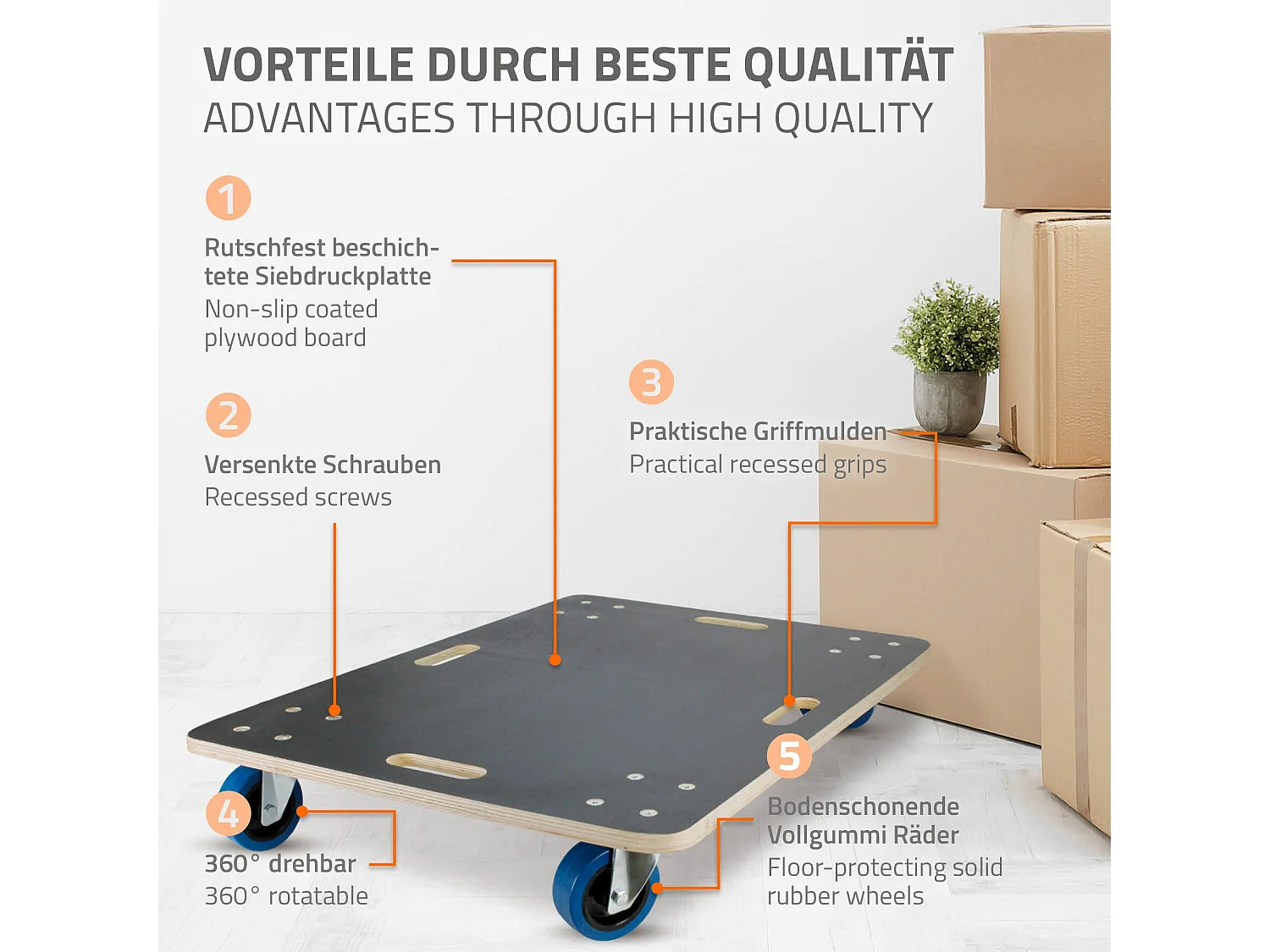 Lot de 2 chariots de transport 60x80 cm capacité 800 kg plateau contreplaqué surface antidérapante roulettes en PP idéal pour meubles et déménagement
