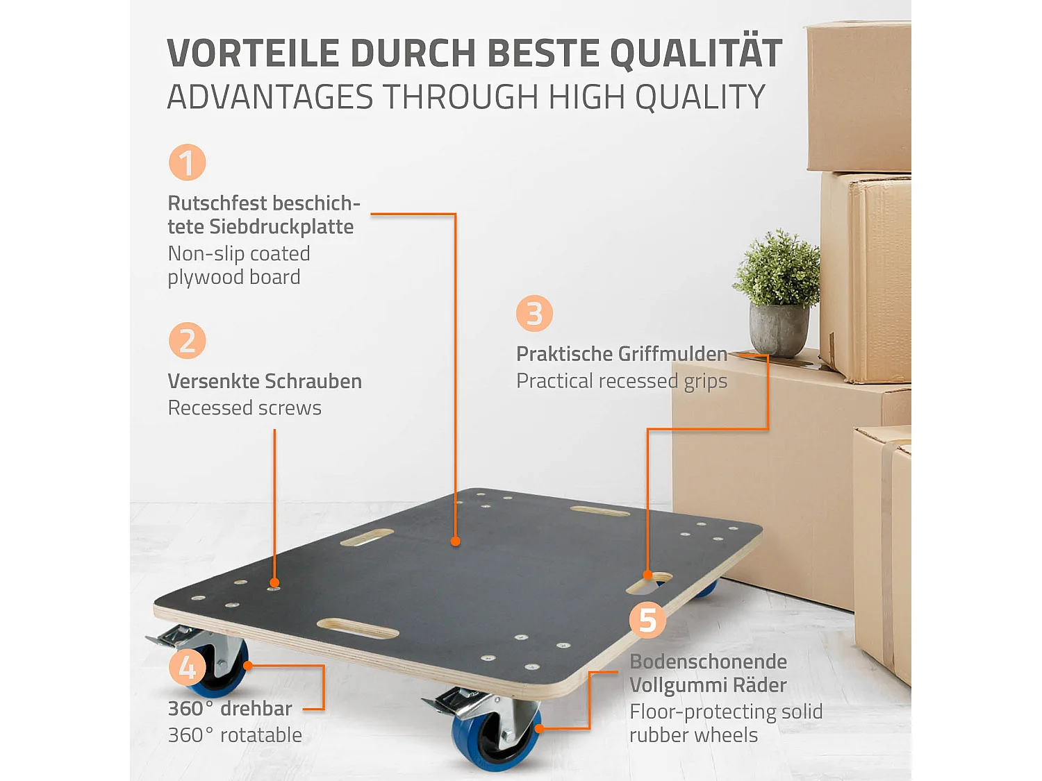ECD Germany 2x Carrelli trasporto mobili ed elettrodomestici 60x80 cm 800 kg piattaforma girevole 2 ruote con freni in gomma base mobile per trasloco