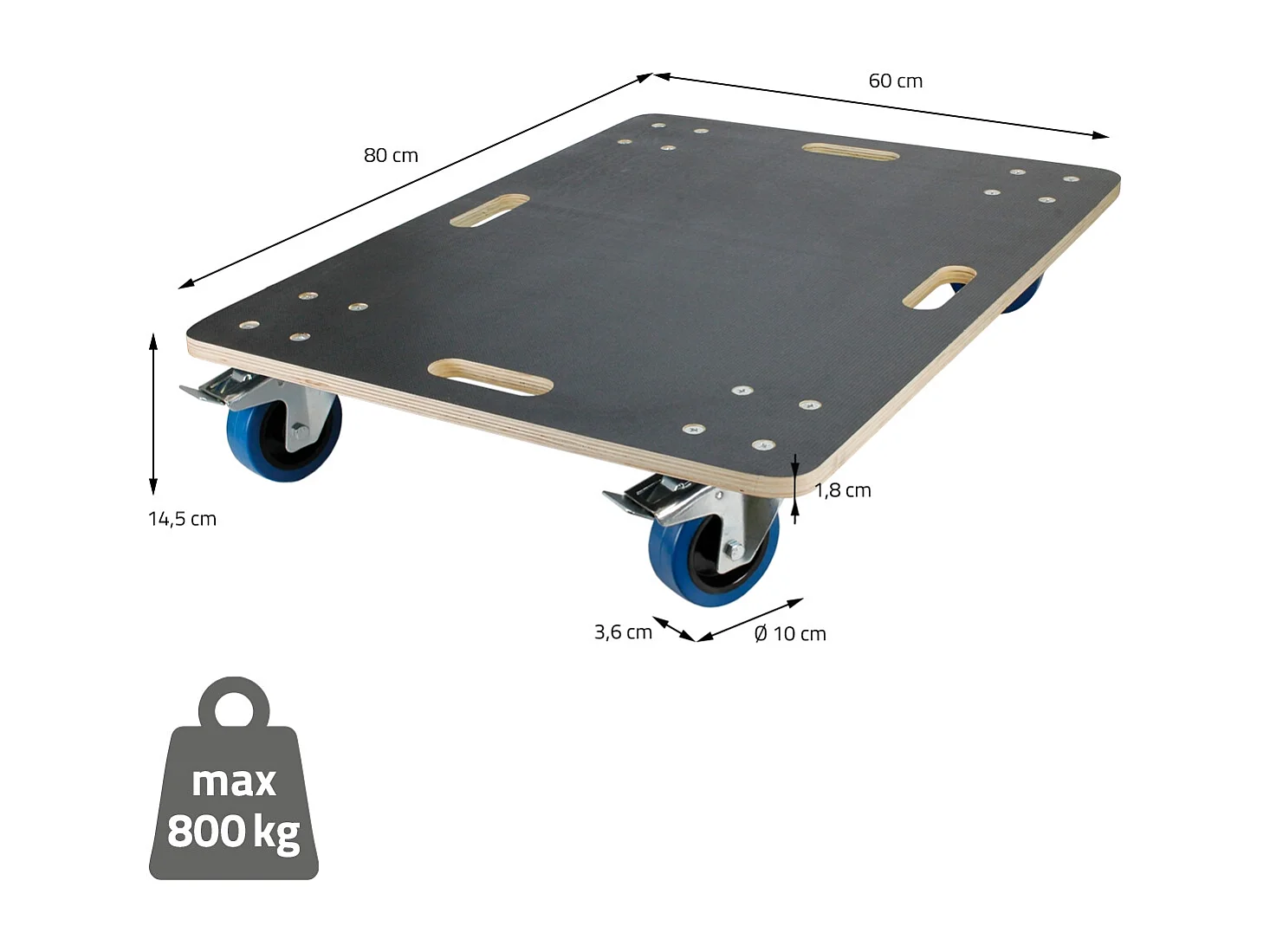 ECD Germany 2x Carrelli trasporto mobili ed elettrodomestici 60x80 cm 800 kg piattaforma girevole 2 ruote con freni in gomma base mobile per trasloco