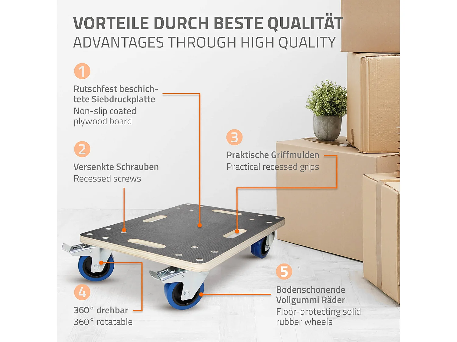 Lot de 2 chariots de transport avec 2 freins 35x50 cm capacité 800 kg plateau contreplaqué antidérapant roulettes en PP pour meubles et déménagement