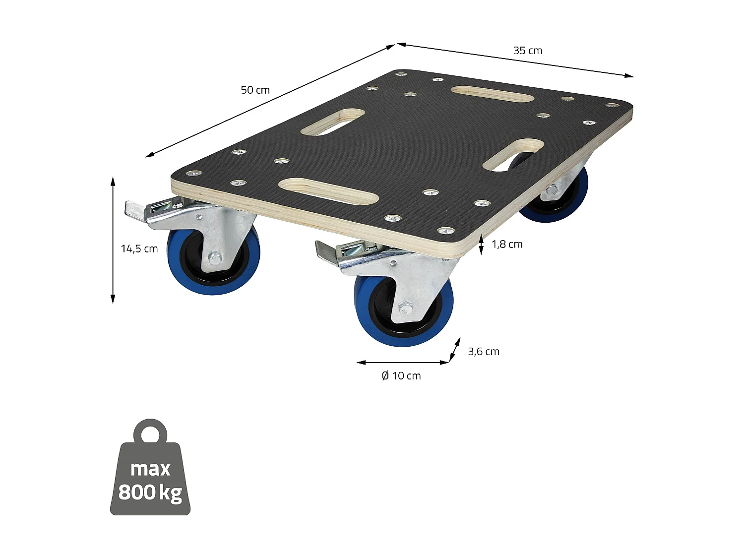 Lot de 2 chariots de transport avec 2 freins 35x50 cm capacité 800 kg plateau contreplaqué antidérapant roulettes en PP pour meubles et déménagement