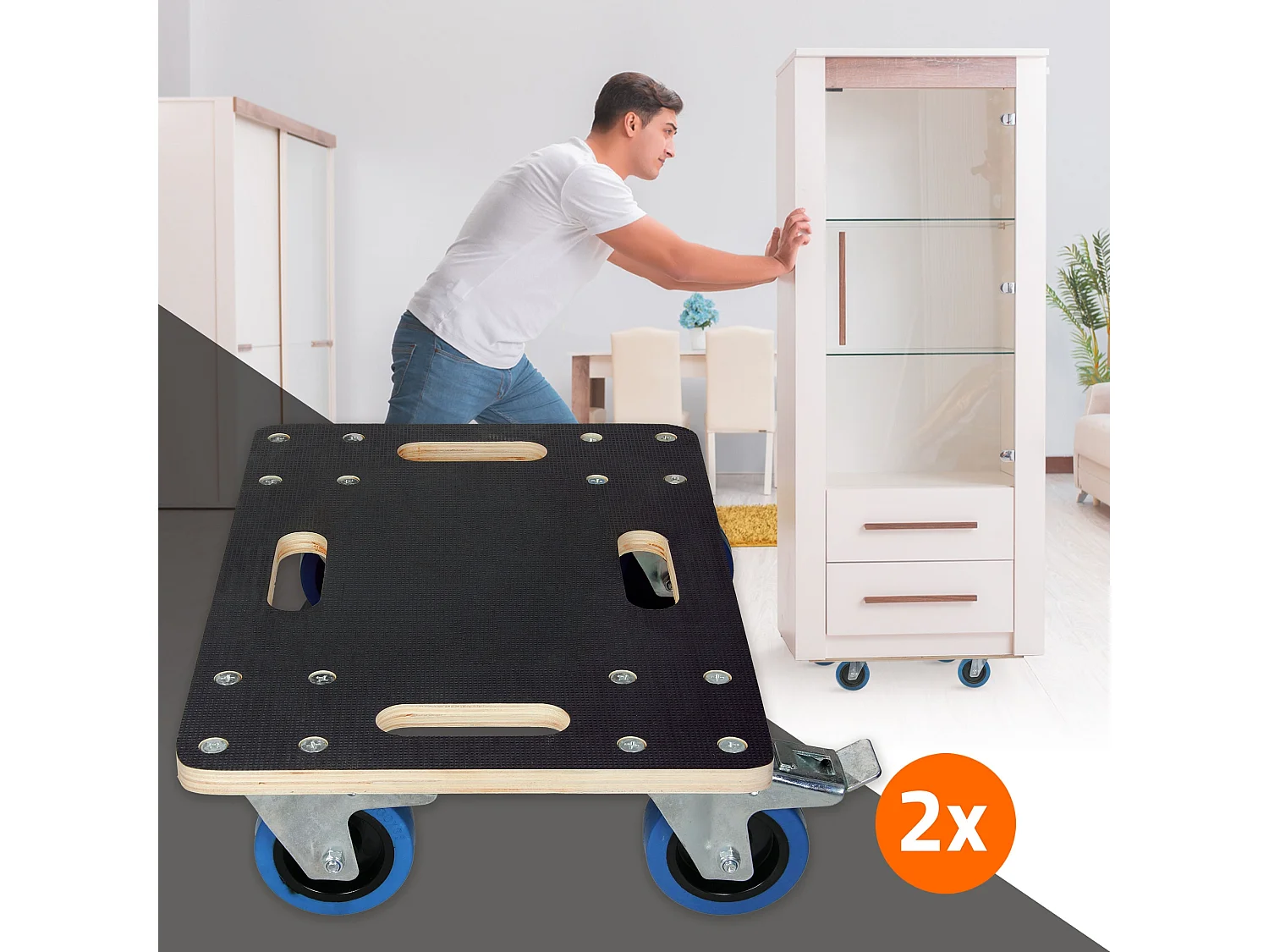 Lot de 2 chariots de transport avec 2 freins 35x50 cm capacité 800 kg plateau contreplaqué antidérapant roulettes en PP pour meubles et déménagement