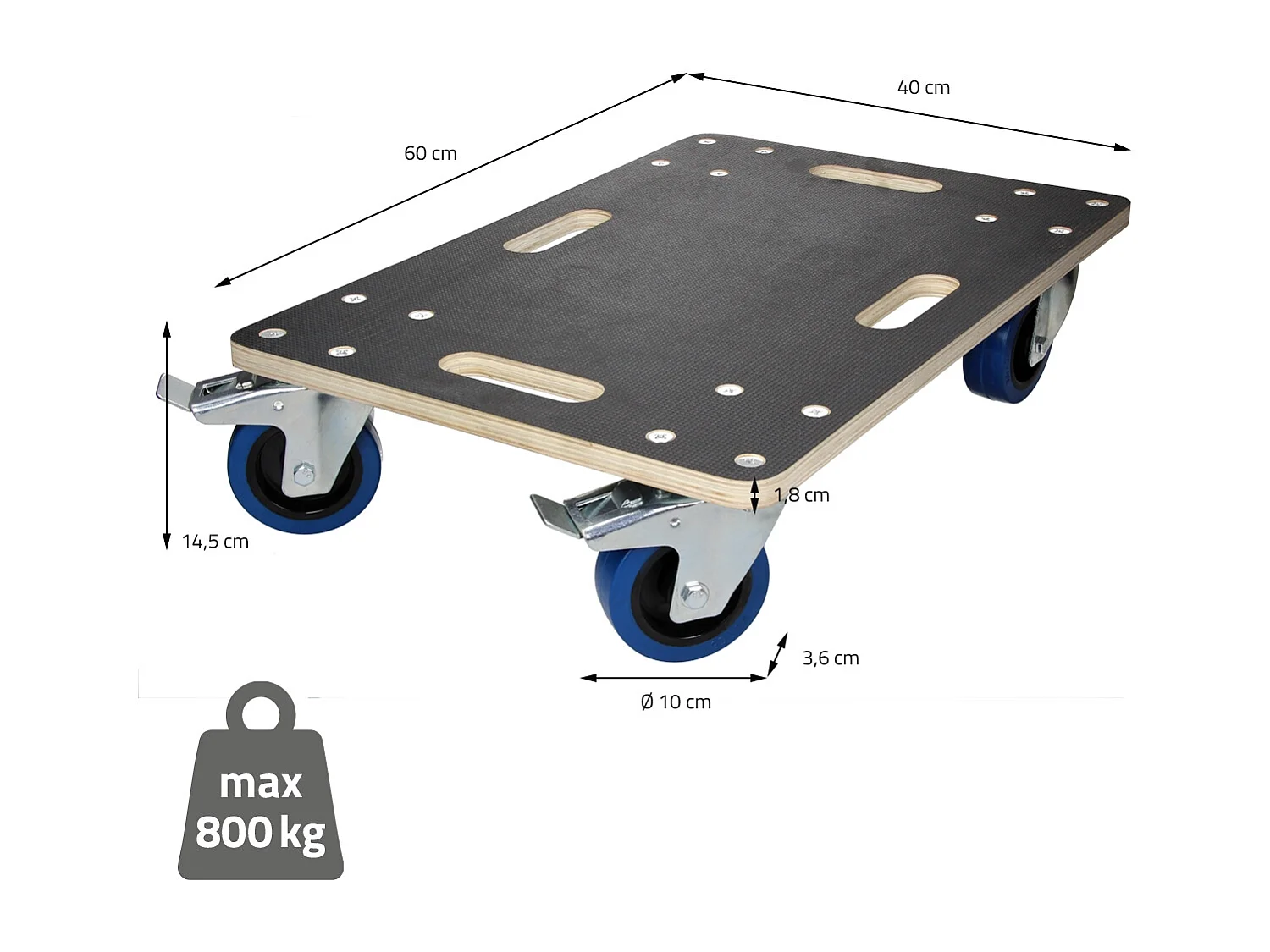 ECD Germany 2x Carrelli trasporto mobili ed elettrodomestici 40x60 cm 800 kg piattaforma girevole 2 ruote con freni in gomma base mobile per trasloco