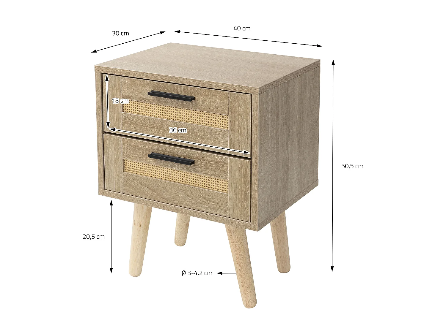 Table de nuit avec 2 tiroirs et pieds 40x30x50,5 cm commode rustique en bois