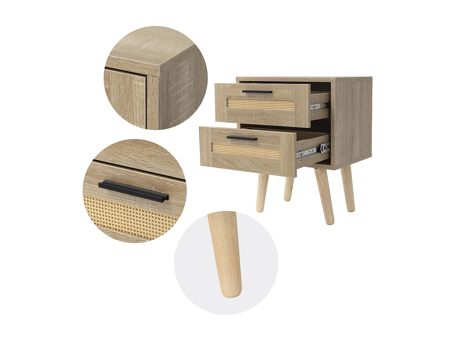 Table de nuit avec 2 tiroirs et pieds 40x30x50,5 cm commode rustique en bois