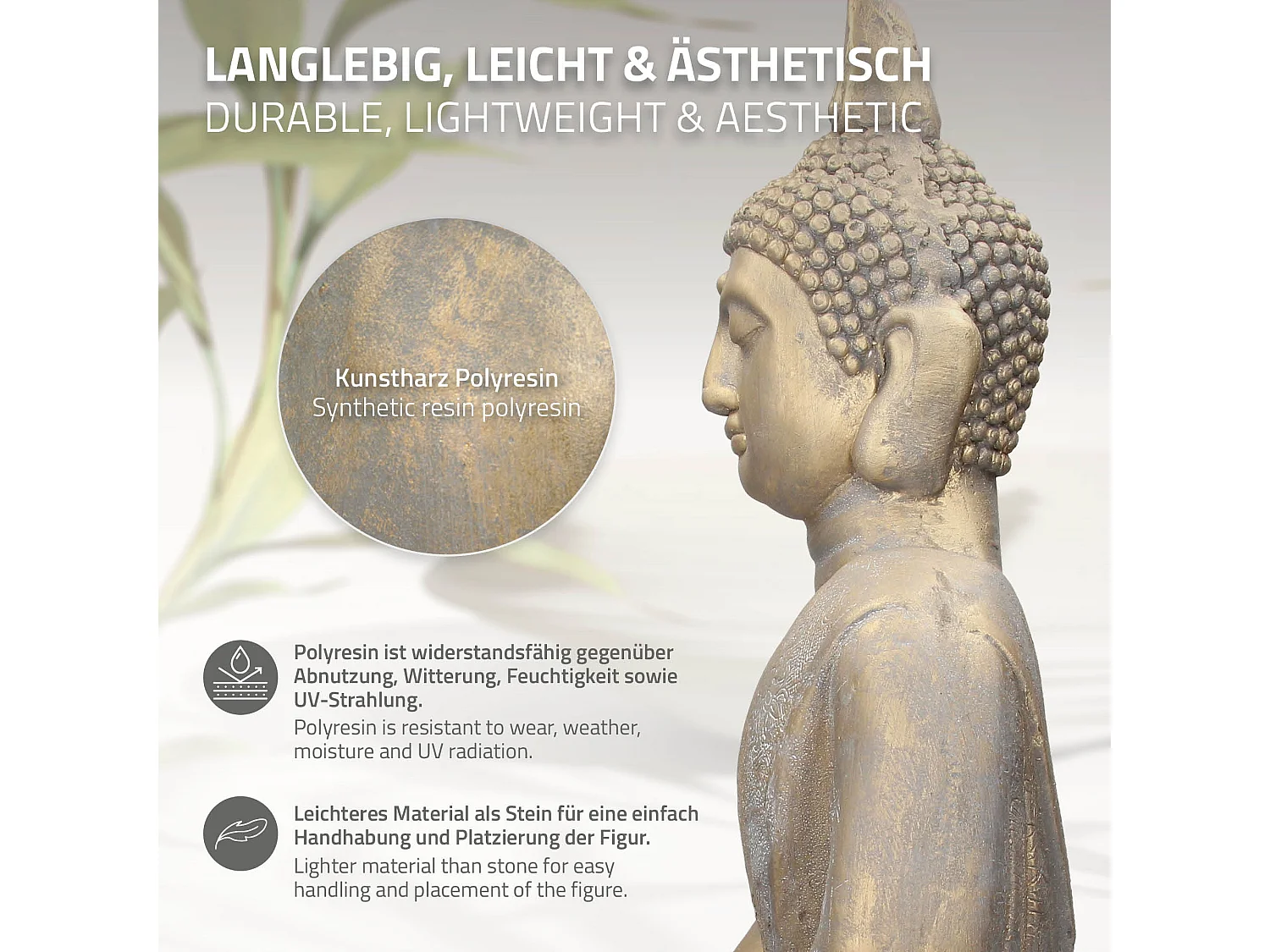 Statua Buddha figura decorativa per giardino aspetto bronzo in poliresina 63 cm