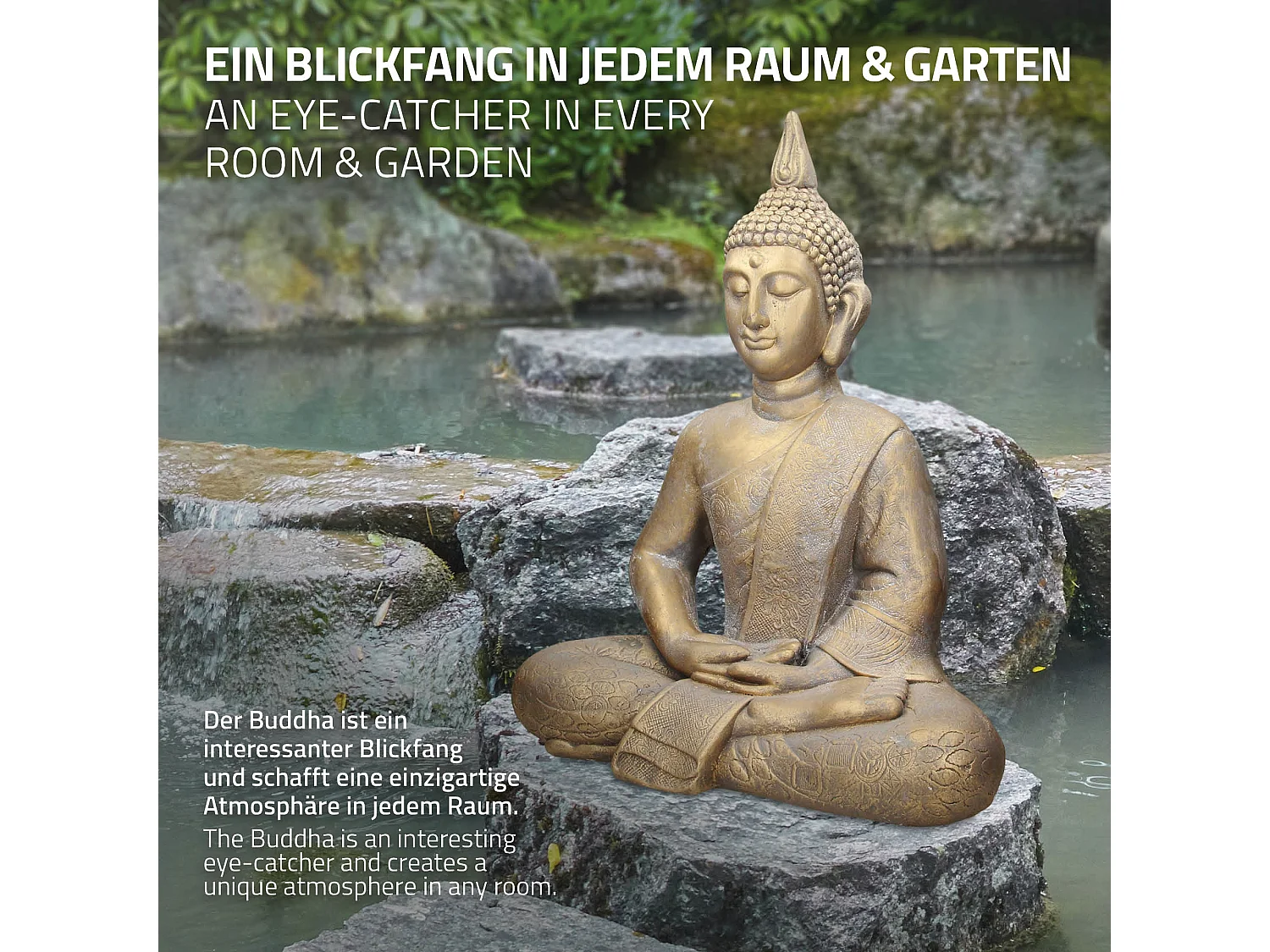 Statua Buddha figura decorativa per giardino aspetto bronzo in poliresina 63 cm