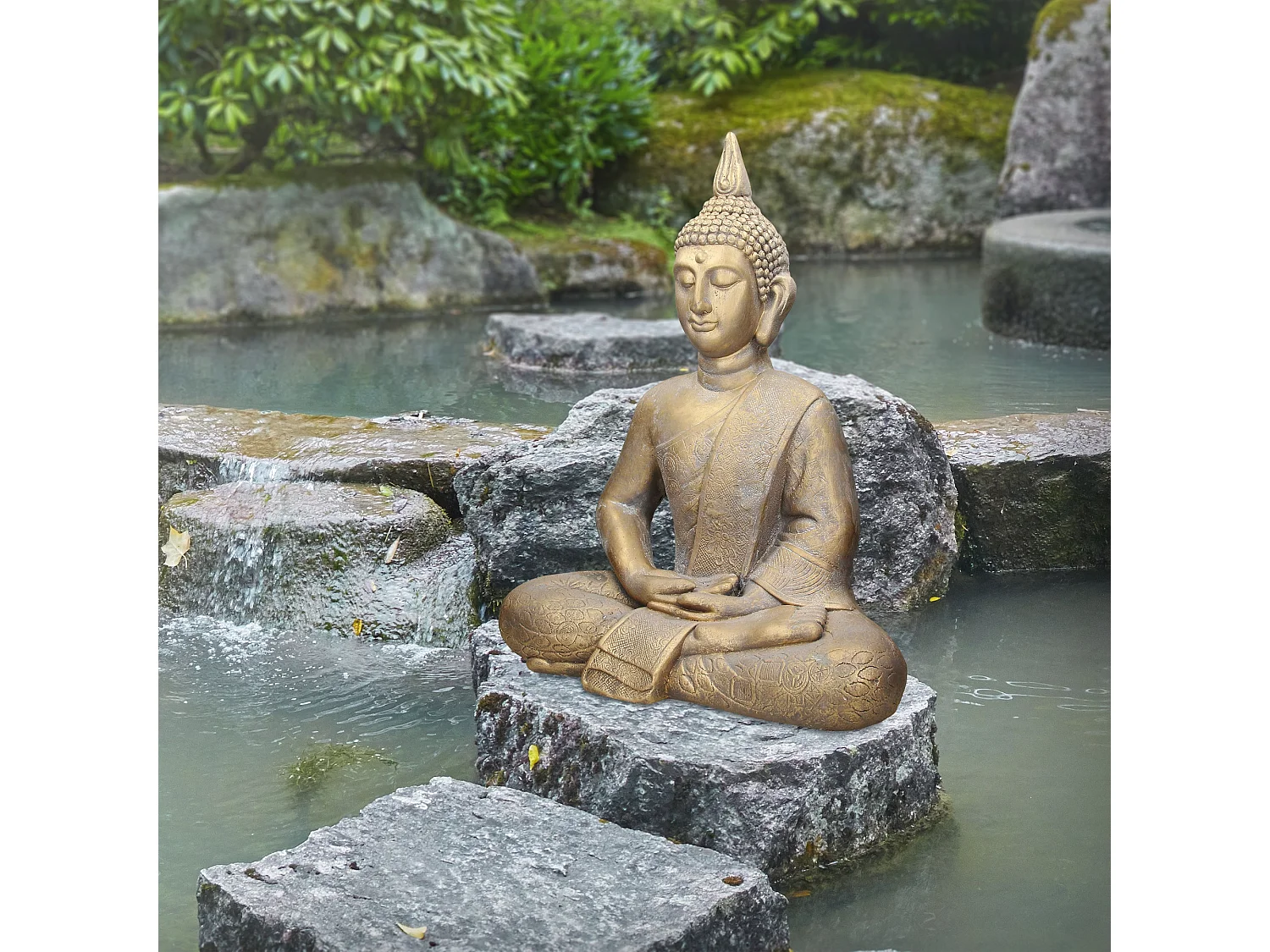 Statua Buddha figura decorativa per giardino aspetto bronzo in poliresina 63 cm