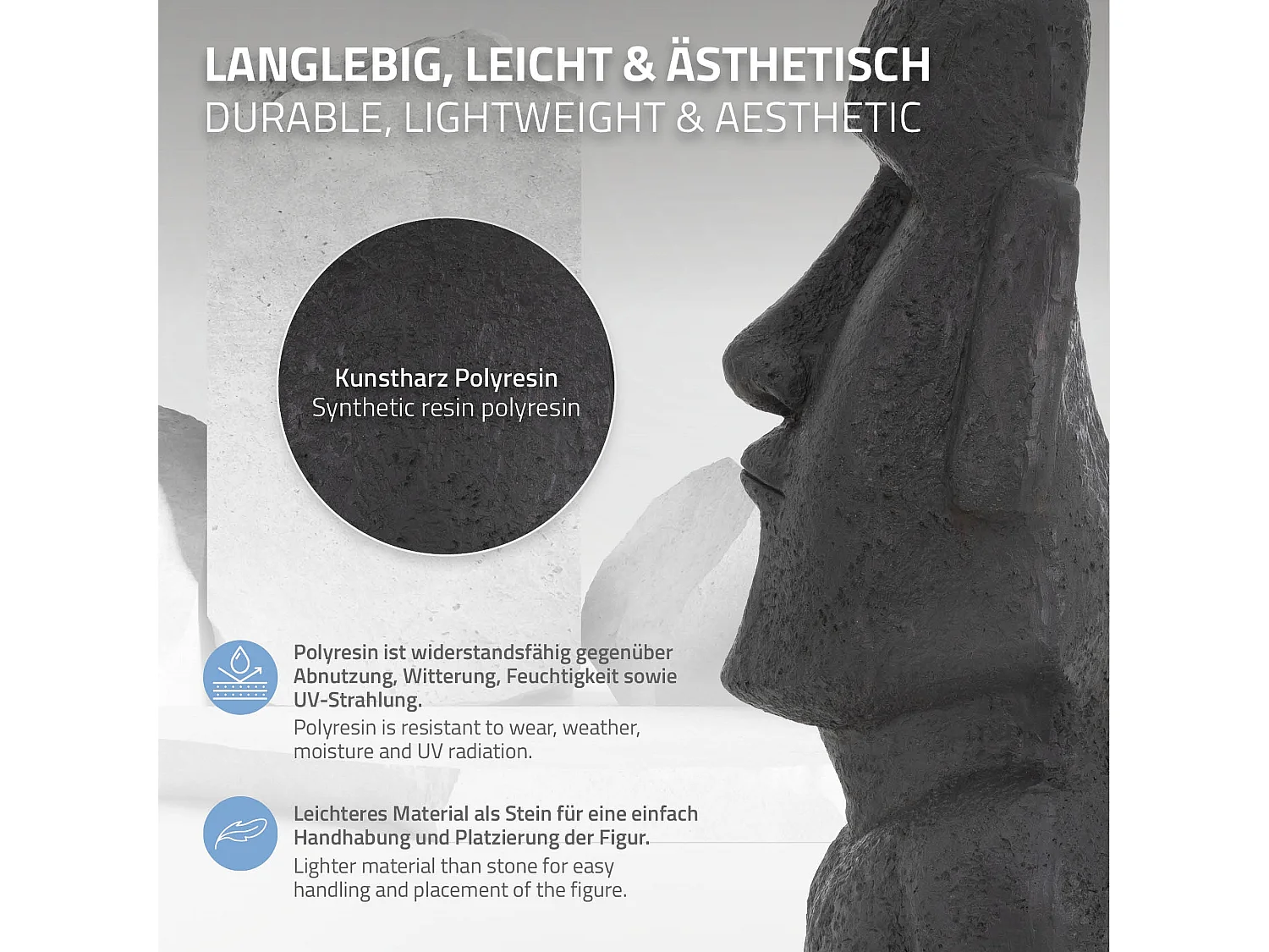 Statue déco tête moaï île de Pâques en résine figurine anthracite aspect basalte