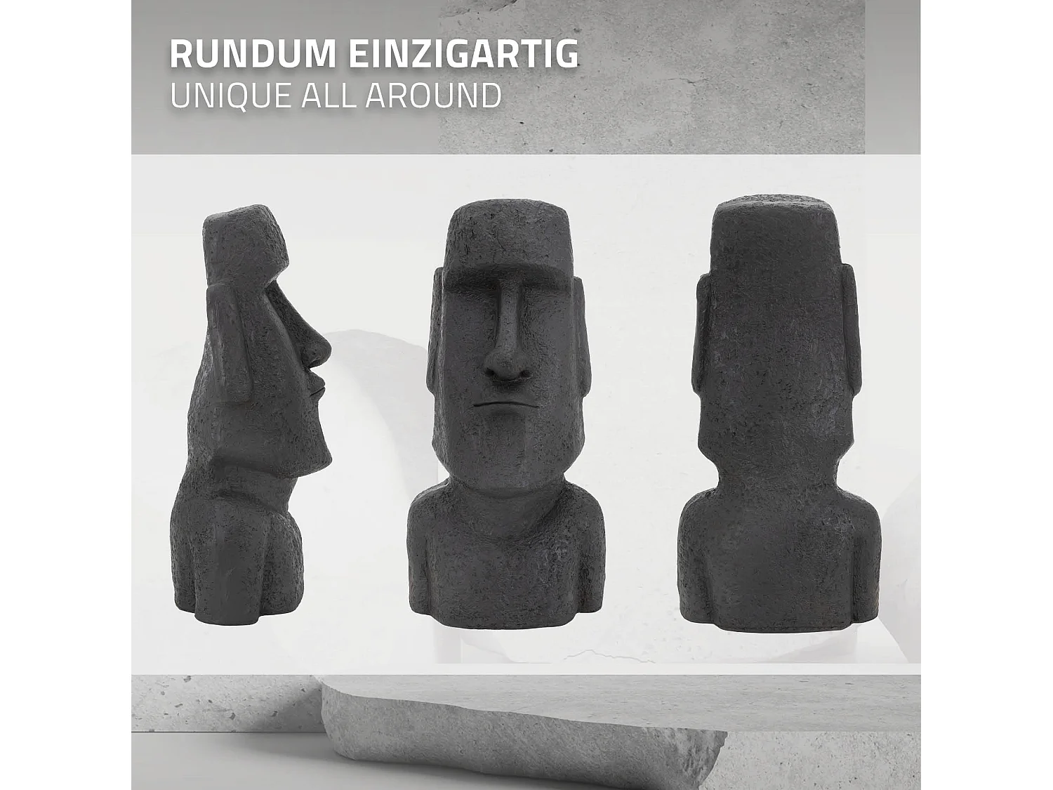 Statue déco tête moaï île de Pâques en résine figurine anthracite aspect basalte