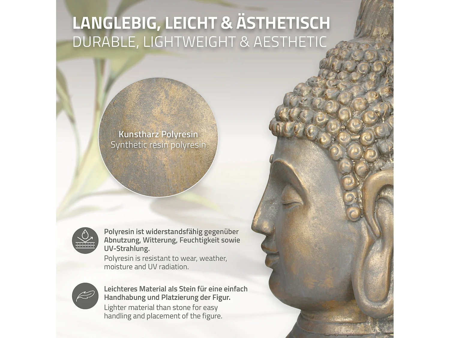 Statue tête de Bouddha 53 cm aspect bronze en polyrésine Yoga Feng-Shui Reiki