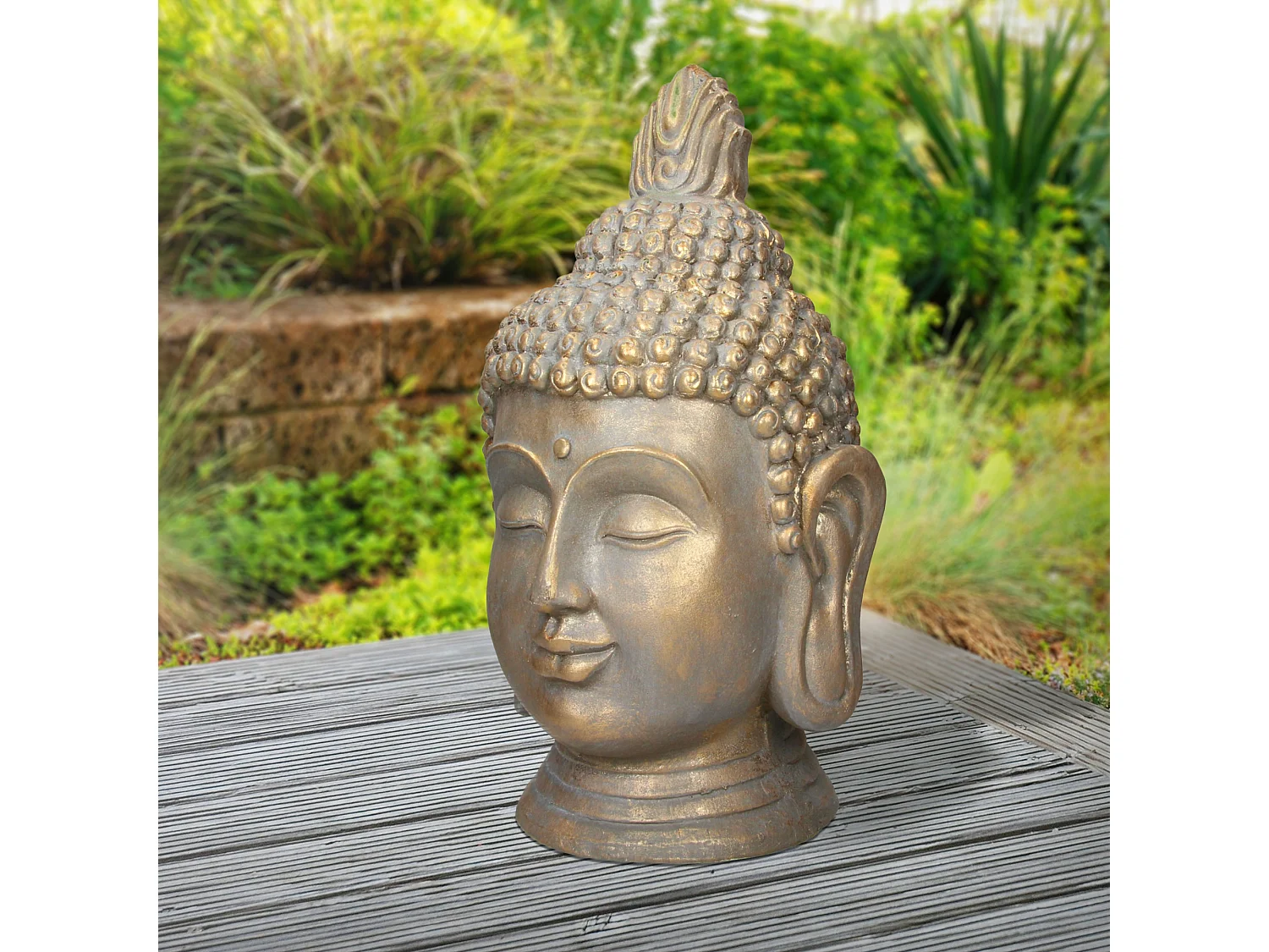 Statue tête de Bouddha 53 cm aspect bronze en polyrésine Yoga Feng-Shui Reiki